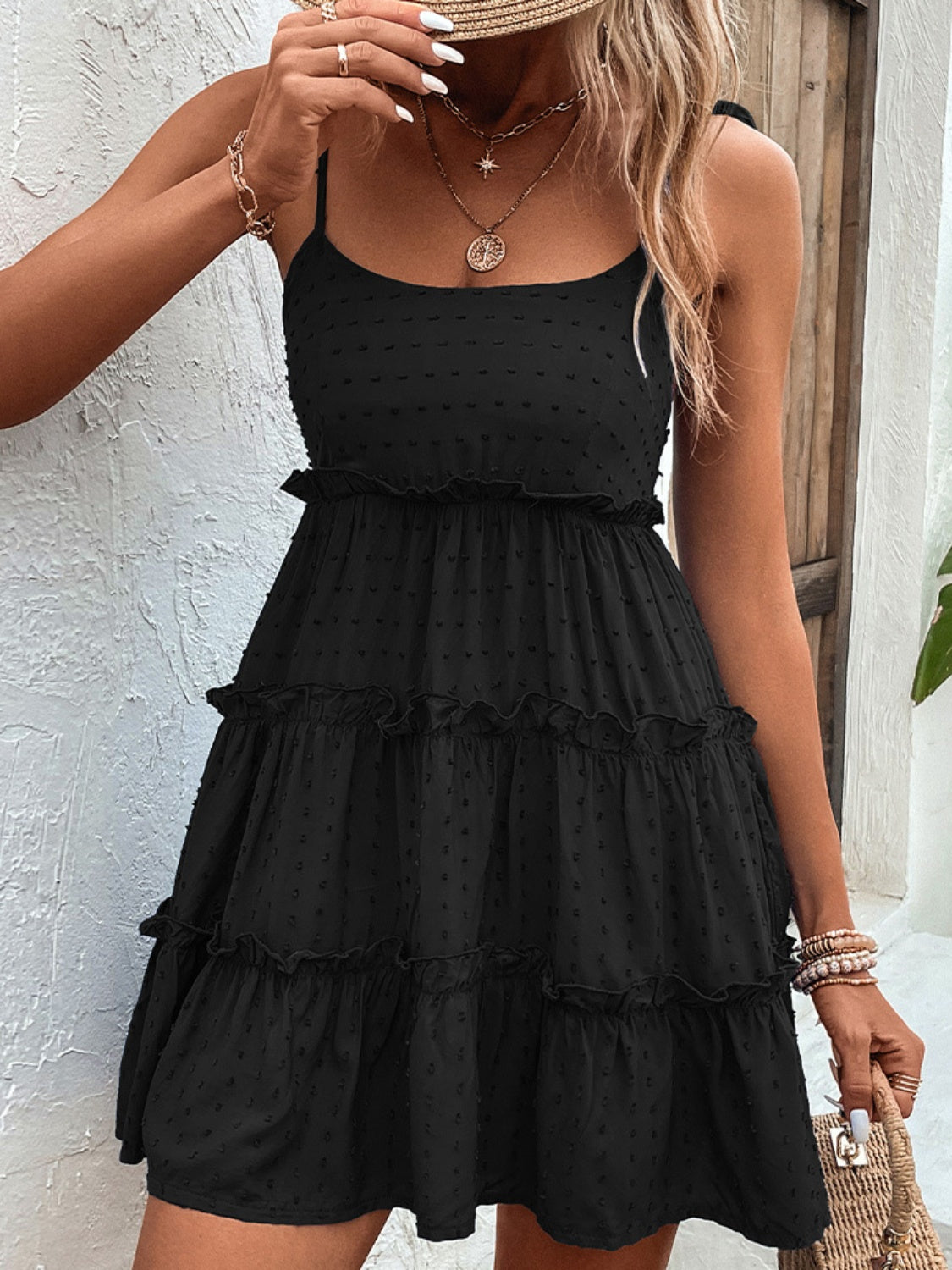 Tied Spaghetti Strap Tiered Frill Dress