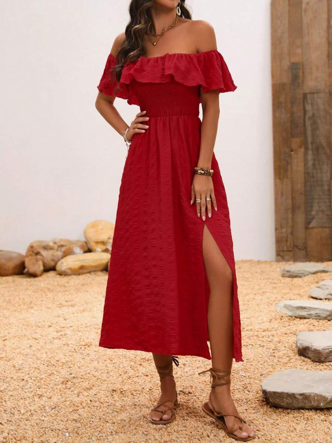 Off-Shoulder Short Sleeve Midi Dress