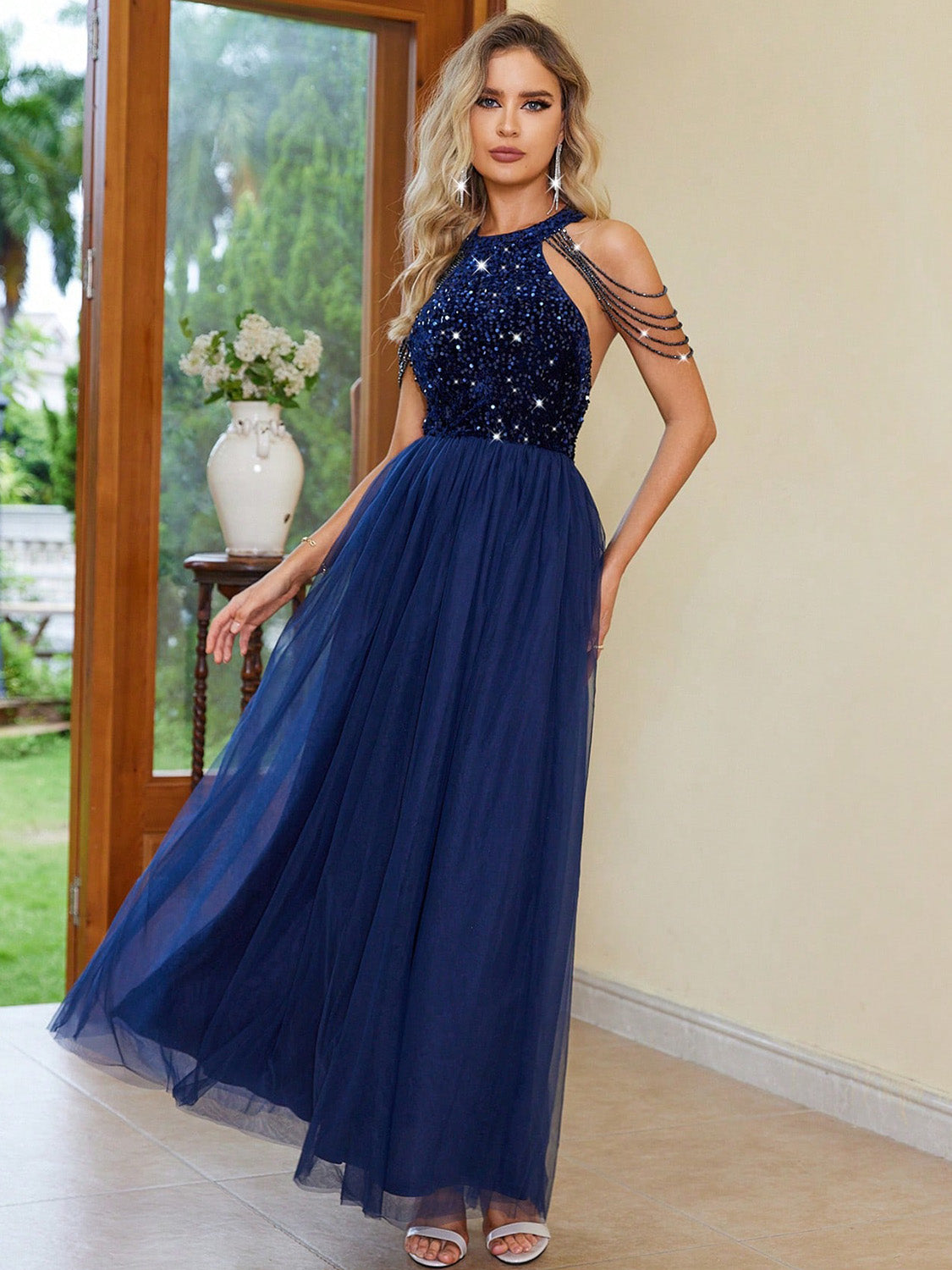 Navy Blue Backless Halter Neck Dress