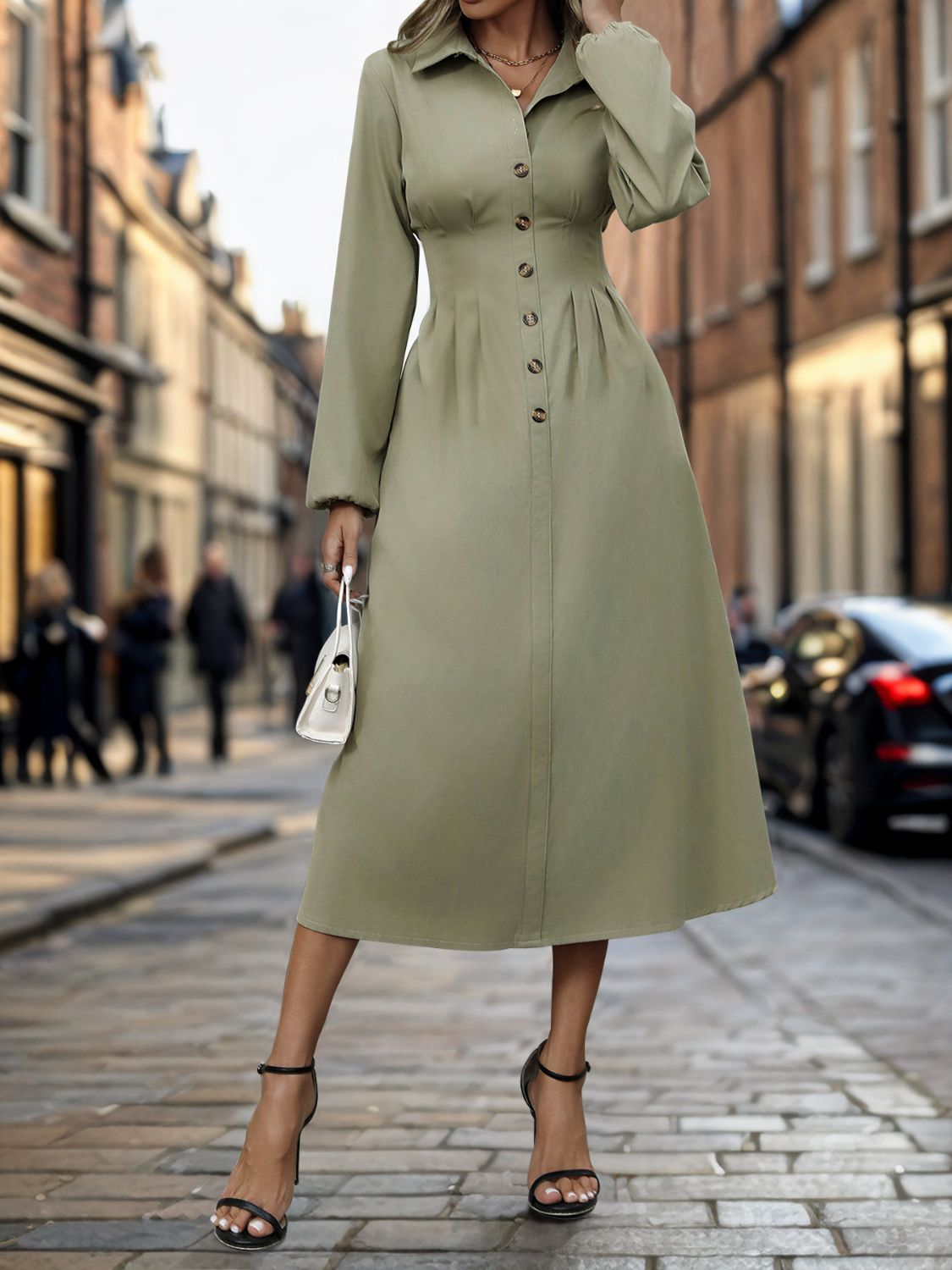 Button Down Long Sleeve Midi Dress