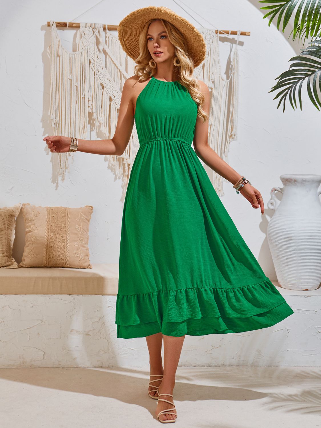 Round Neck Ruffled Sleeveless Dress