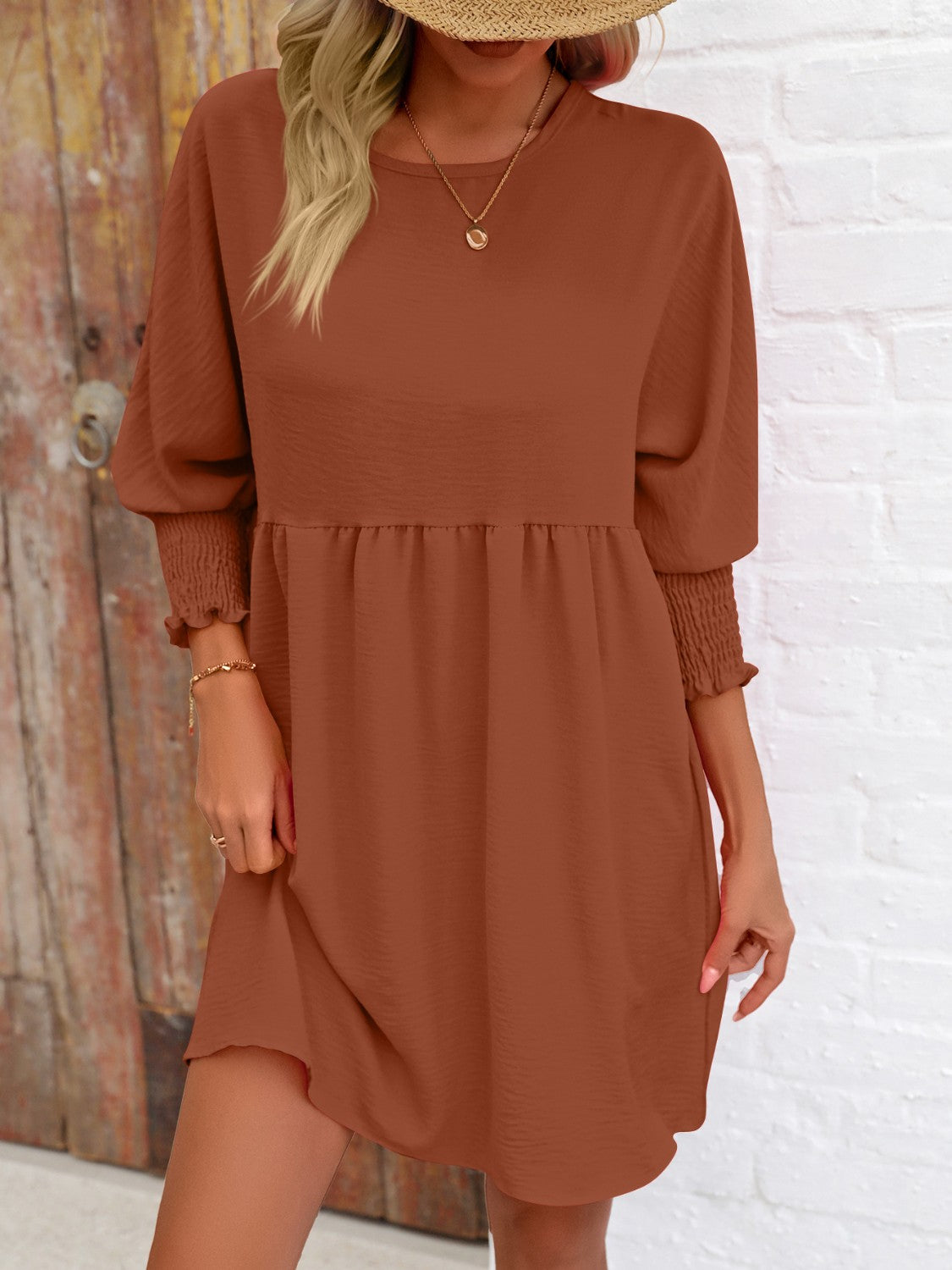 Lantern Sleeve Round Neck Mini Dress