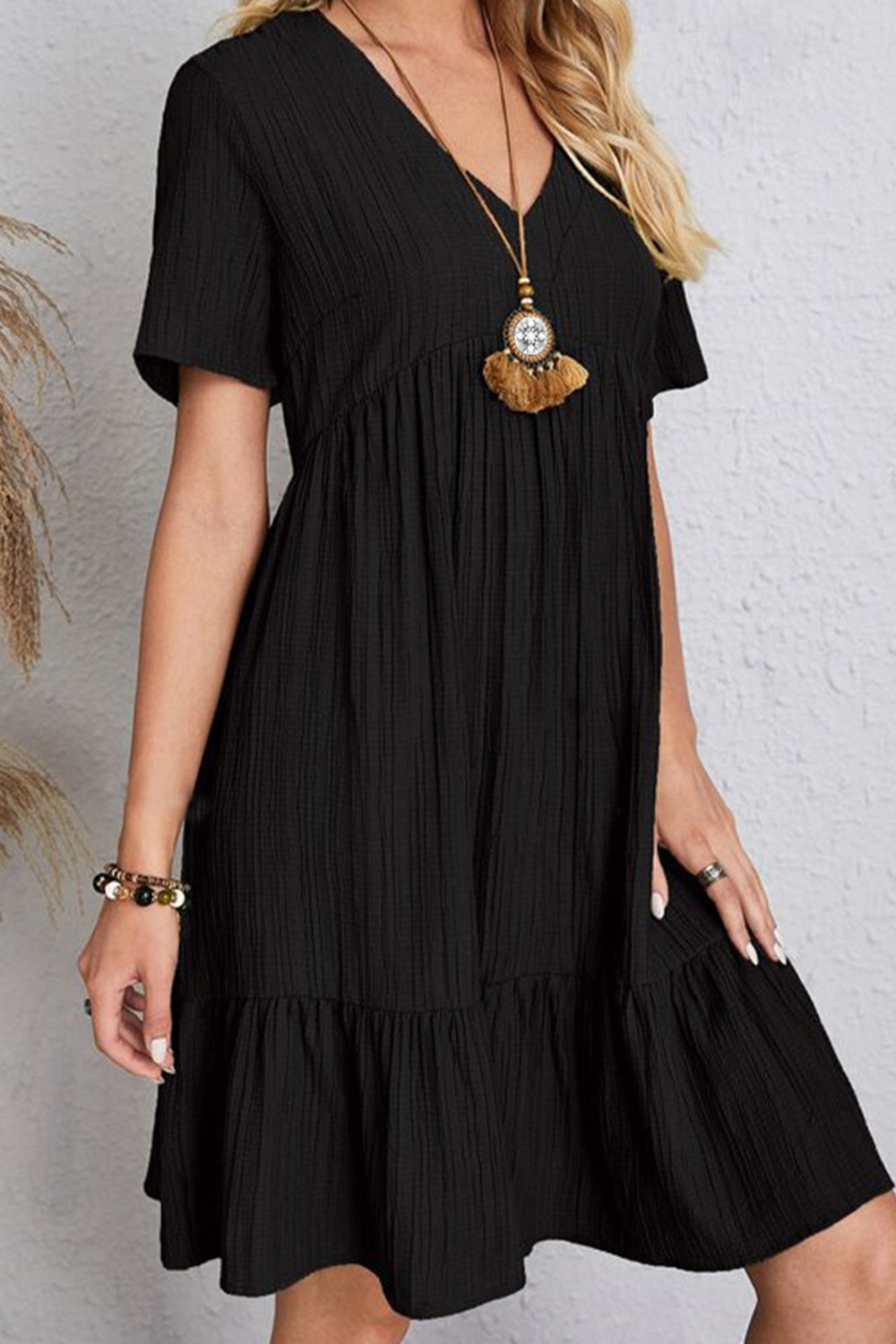 Plus Size Ruched V-Neck Short Sleeve Dress