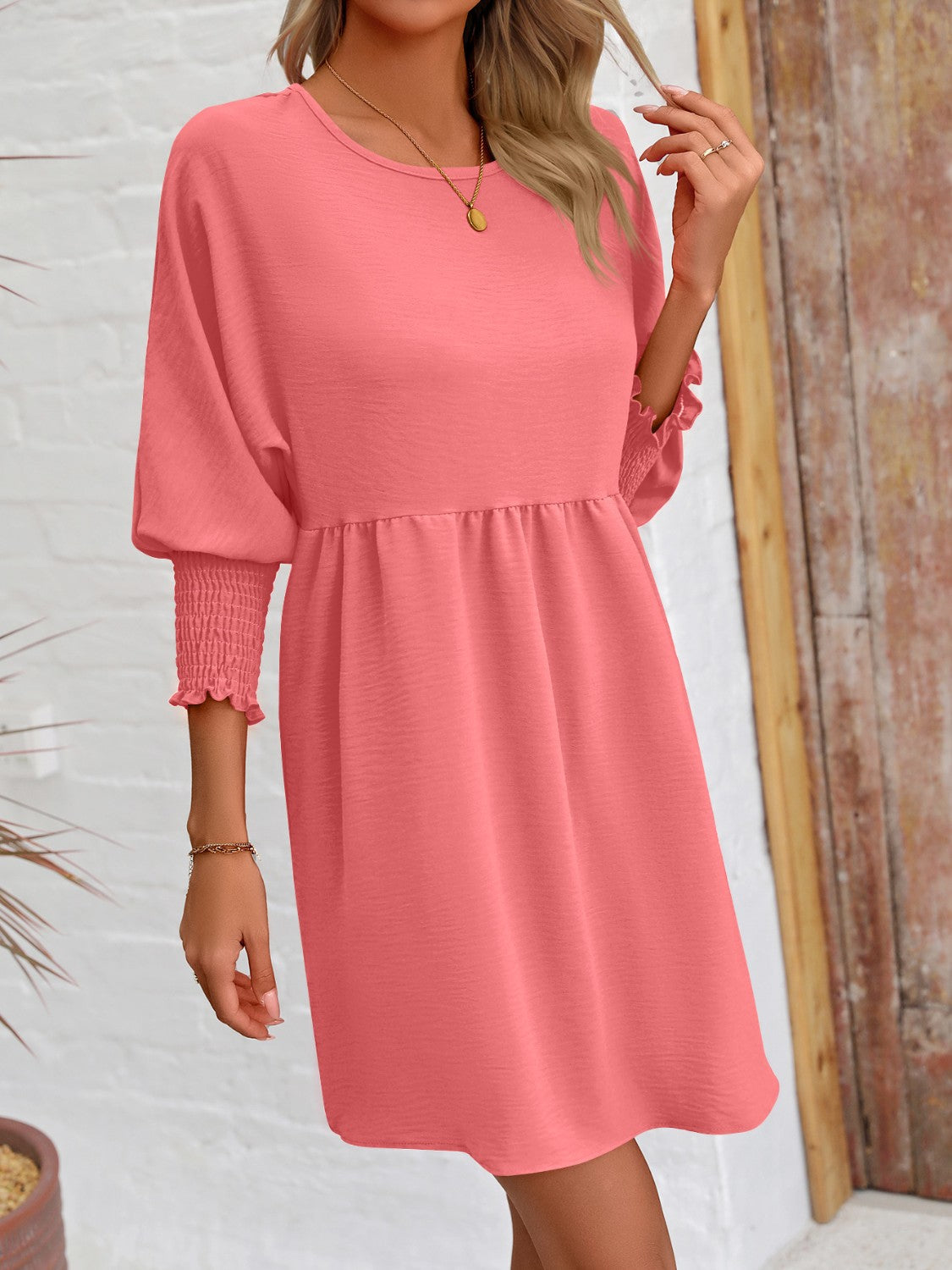 Lantern Sleeve Round Neck Mini Dress