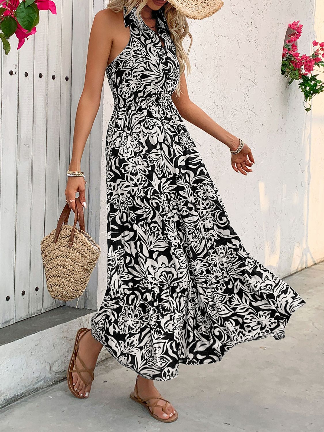 Printed Low Back Sleeveless Midi Dress