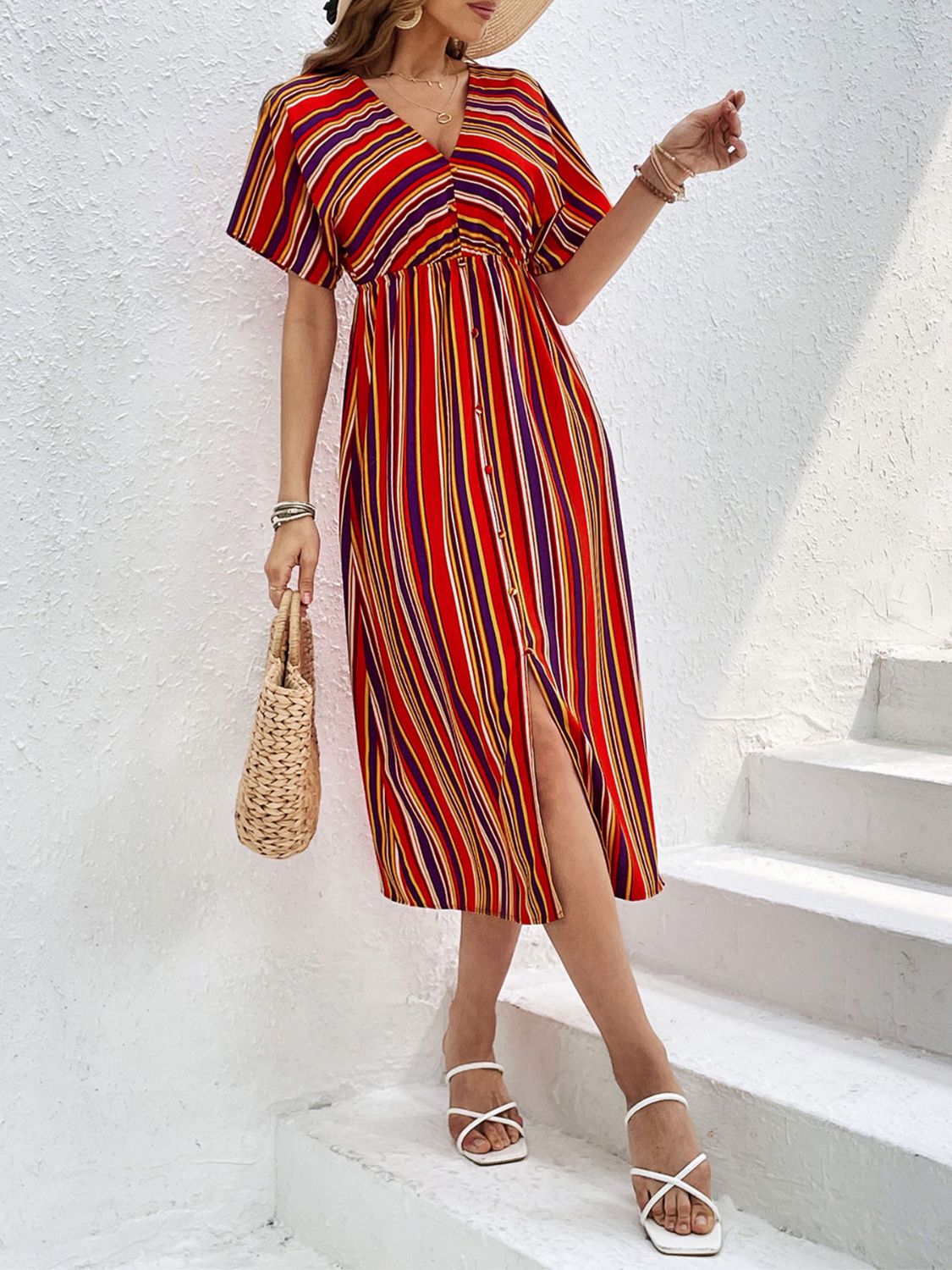 Colorful Striped V-Neck Short Sleeve Split Midi Dress