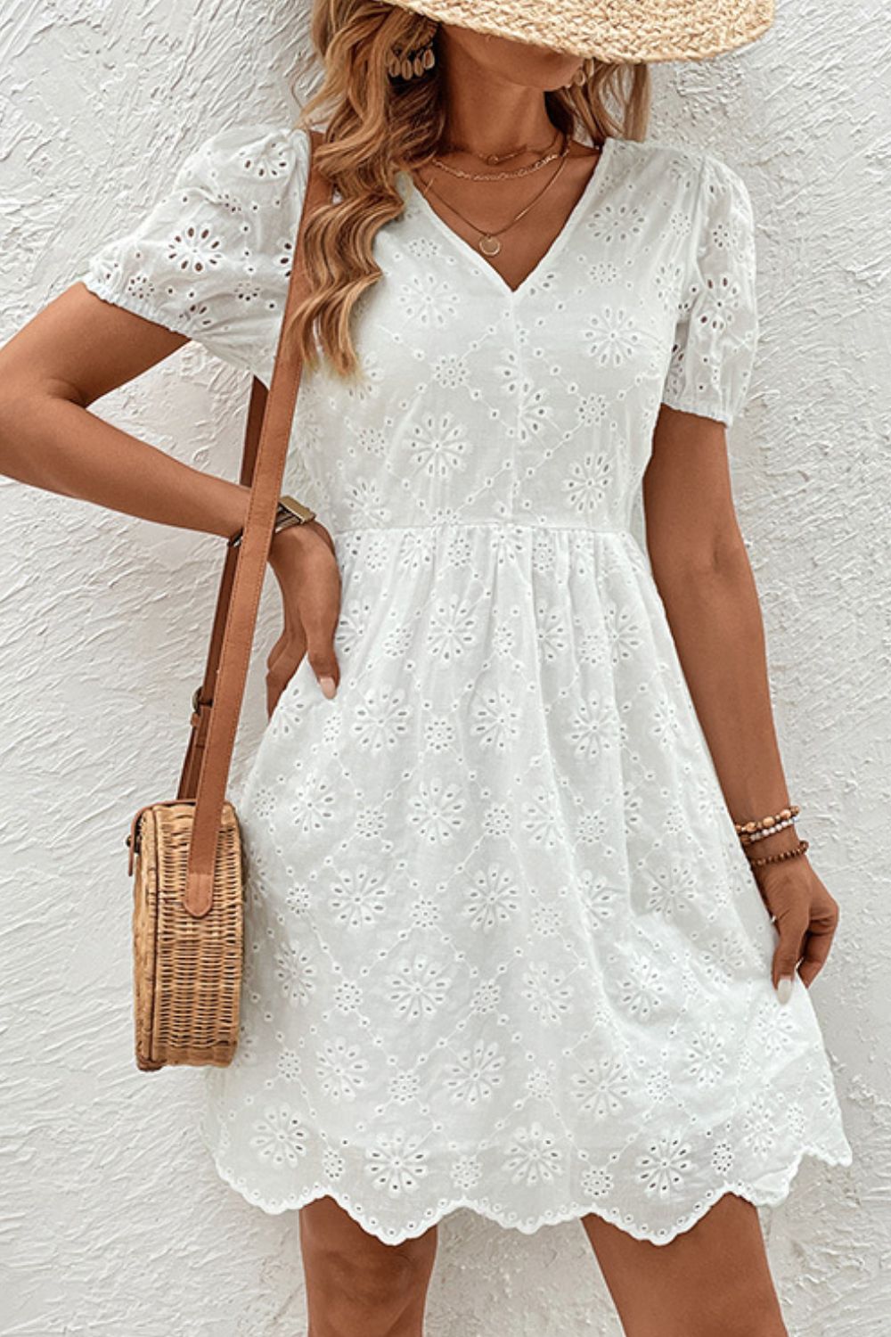 White Eyelet Short Sleeve Mini Dress