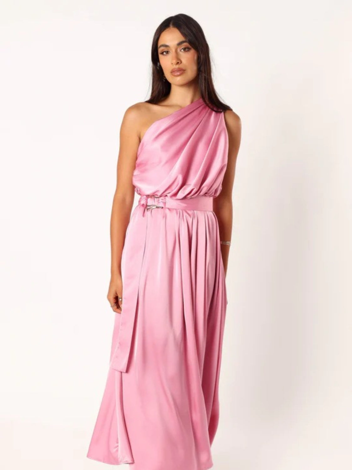 Ruched One Shoulder Tie Waist Dress