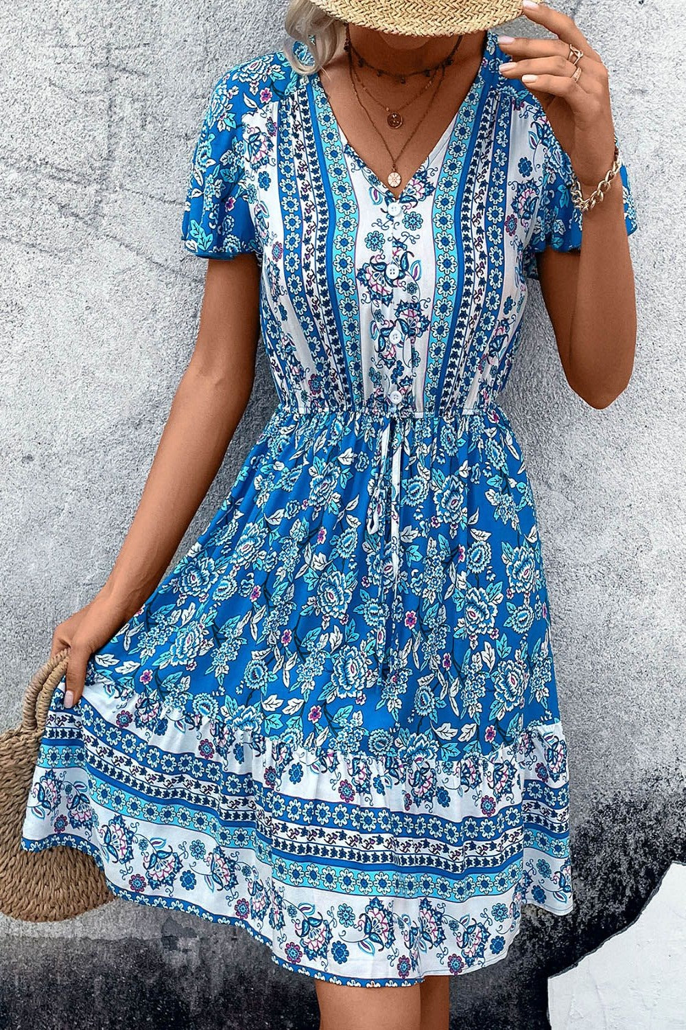 V-Neck printed flutter sleeve mini dress