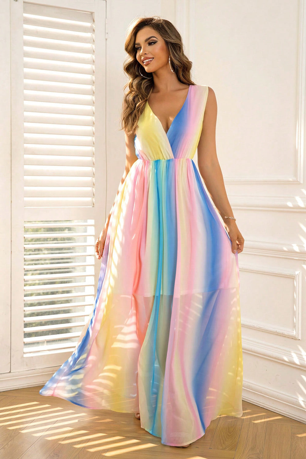 Striped Surplice Neck Sleeveless Maxi Dress