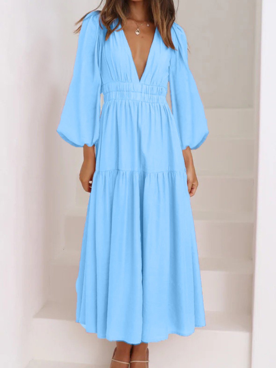 Balloon Sleeve Deep V-Neck Maxi Dress