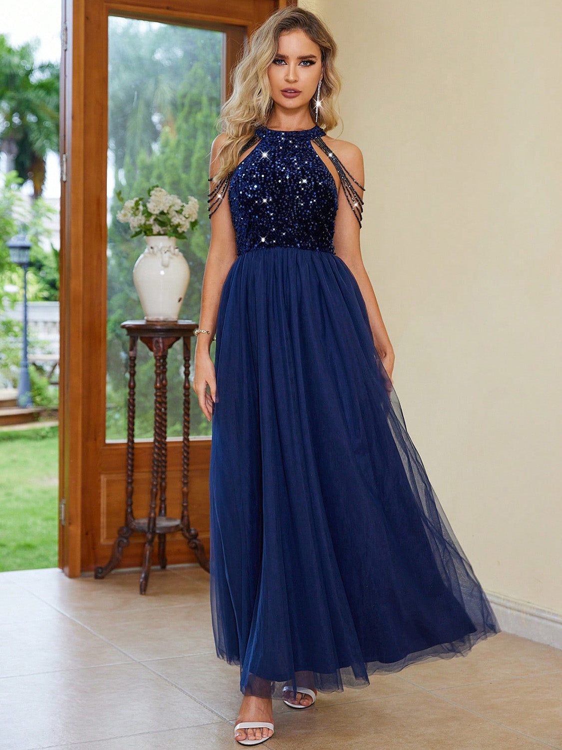 Navy Blue Backless Halter Neck Dress