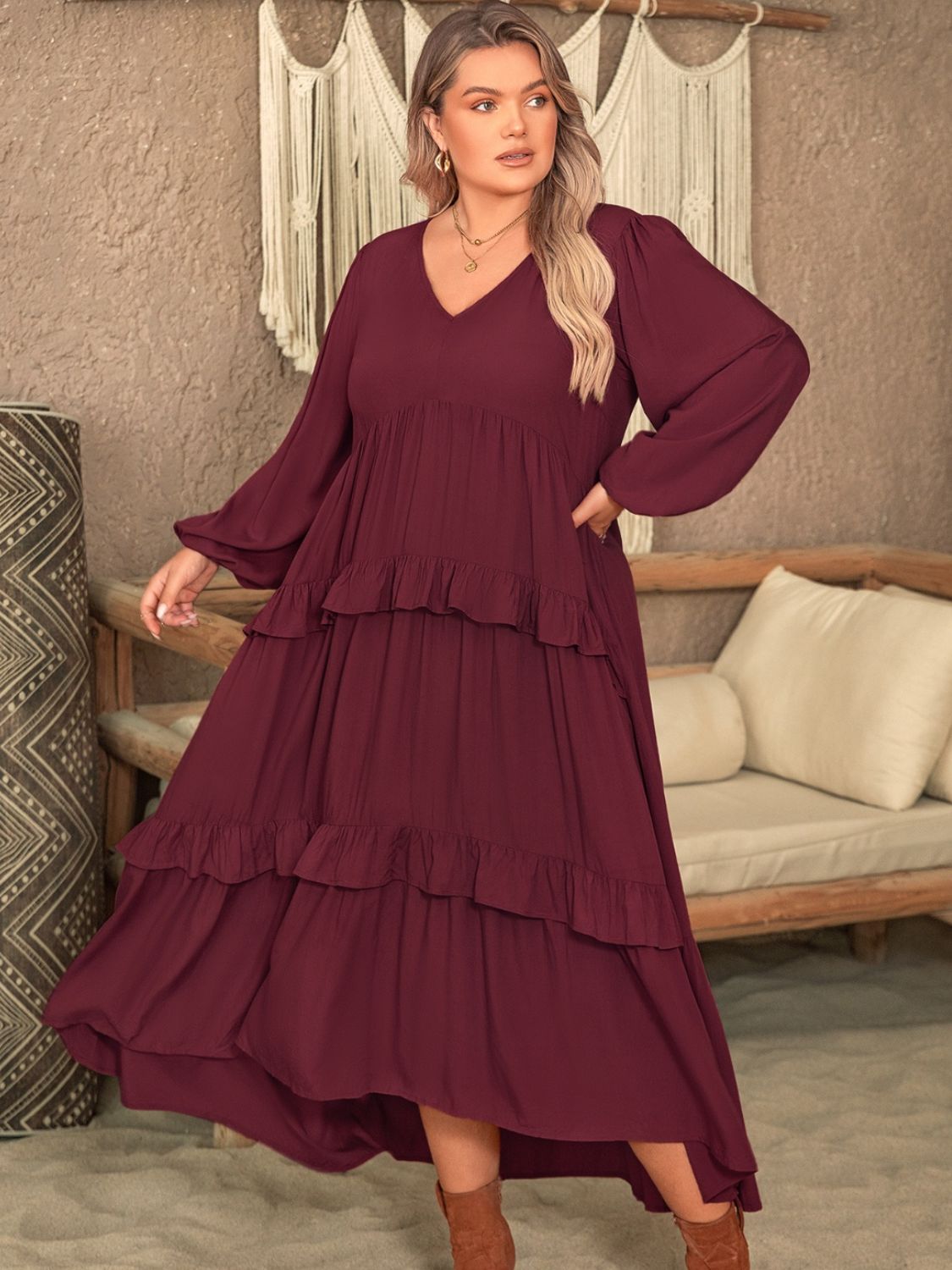 Plus Size Ruffled V-Neck Long Sleeve Maxi Dress