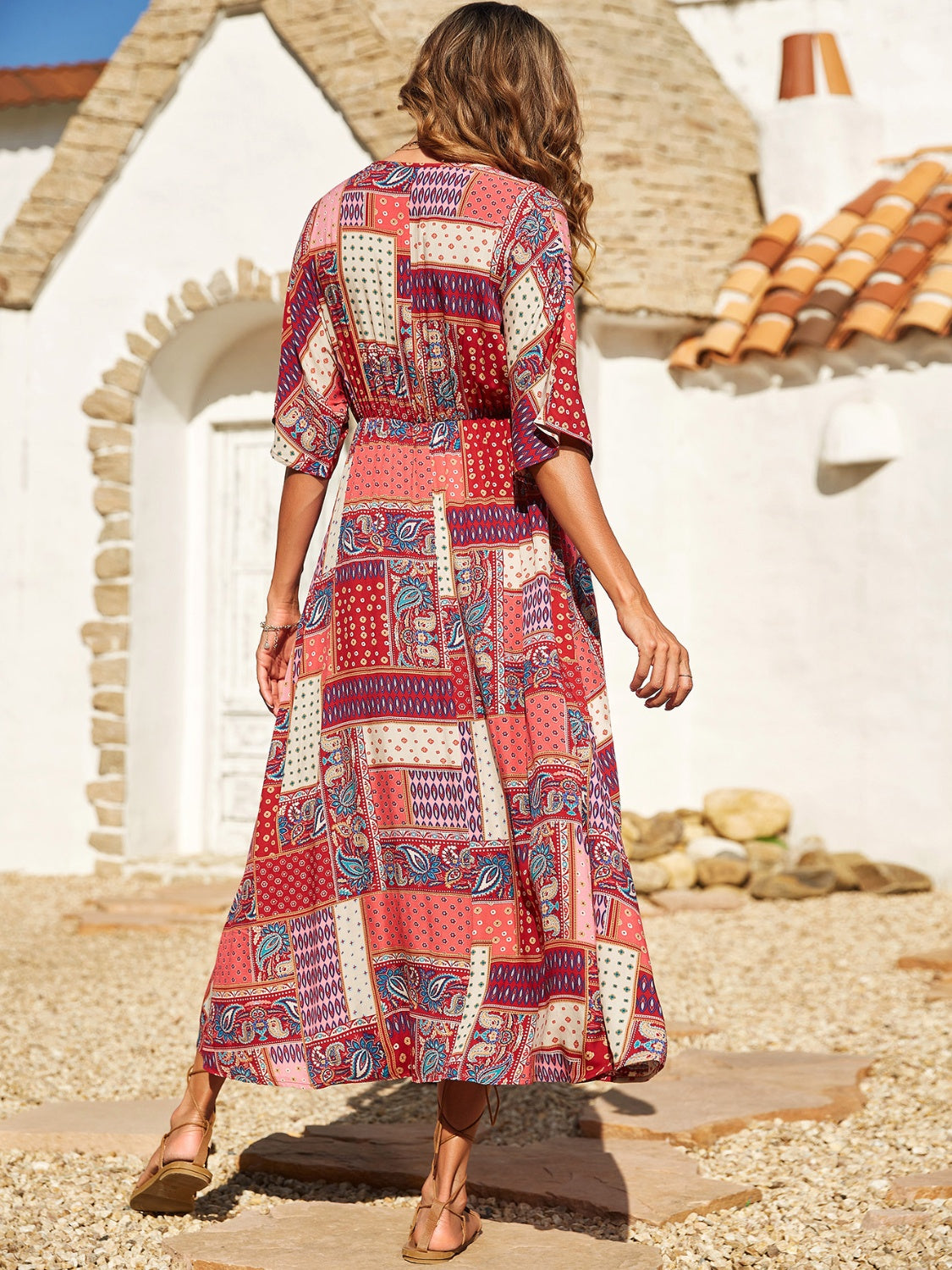 Patchwork Printed Half Sleeve Midi Dress