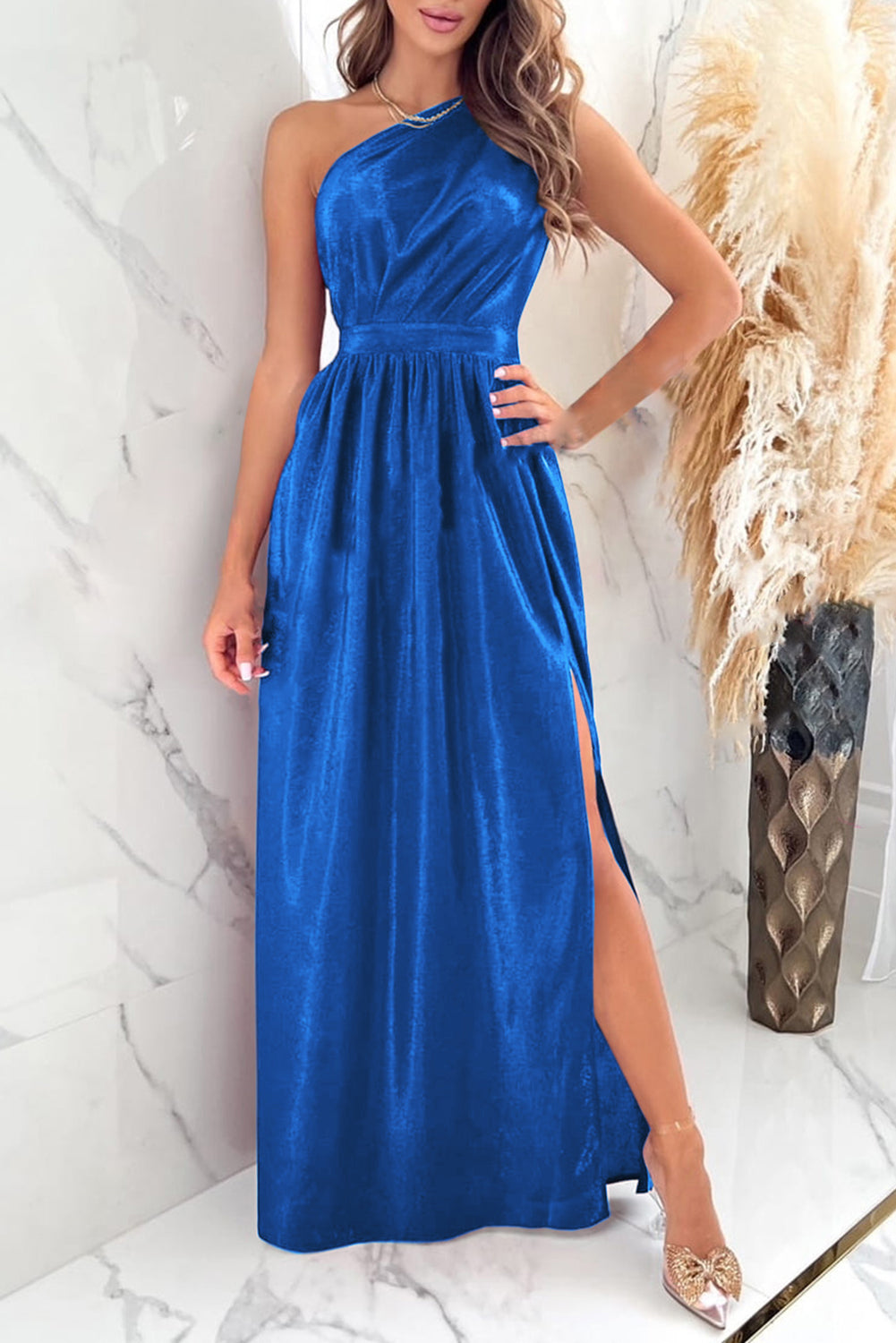 One Shoulder Split Ruched Dress