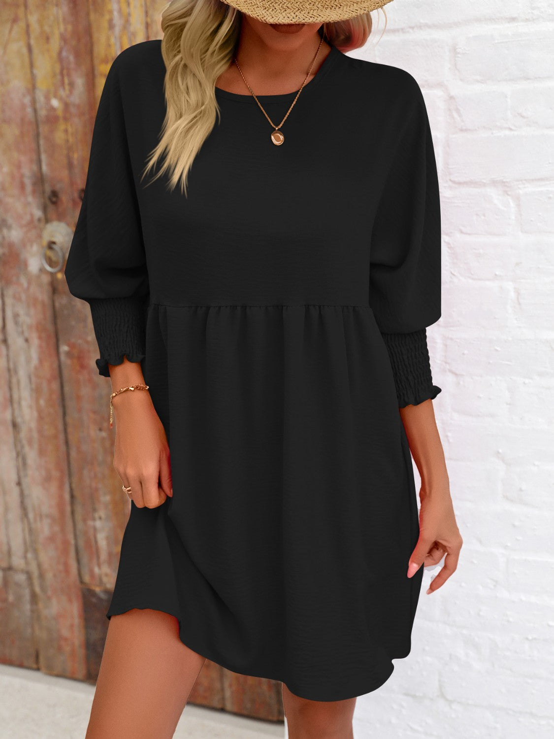 Lantern Sleeve Round Neck Mini Dress