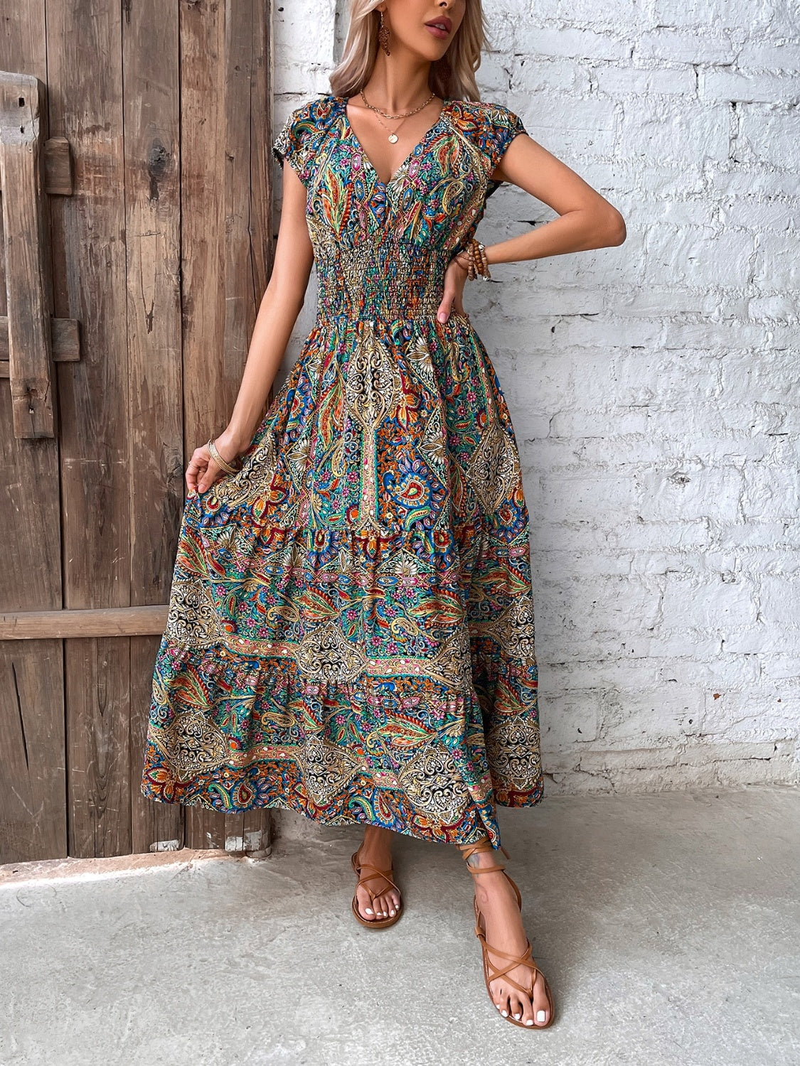 Paisley Cap Sleeve Midi Dress