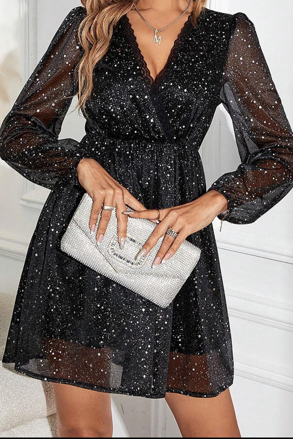 Shimmery Surplice Long Sleeve Mini Dress