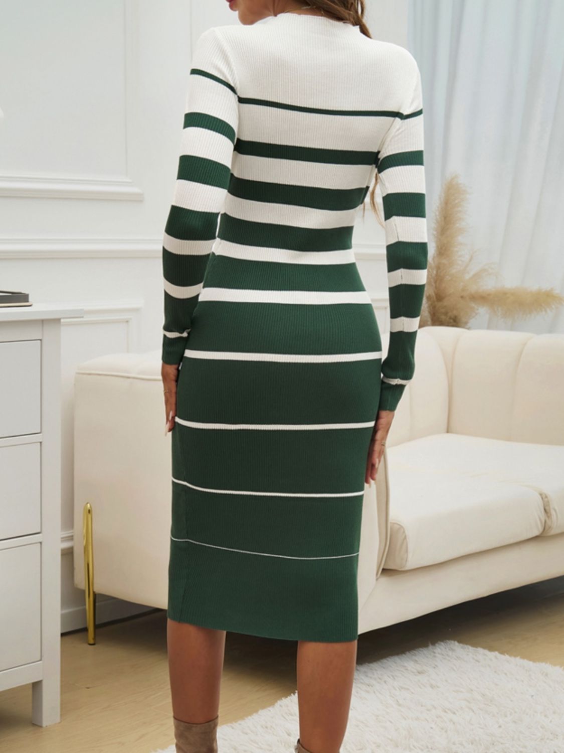 Striped Round Neck Long Sleeve Midi Dress