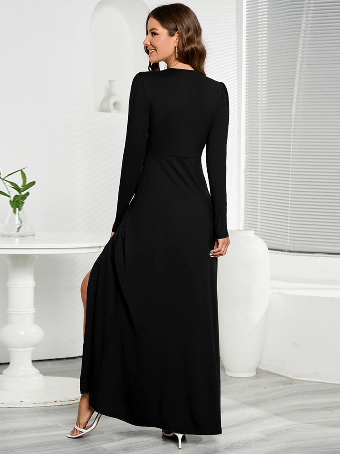 Deep V-Neck Long Sleeve Split Dress