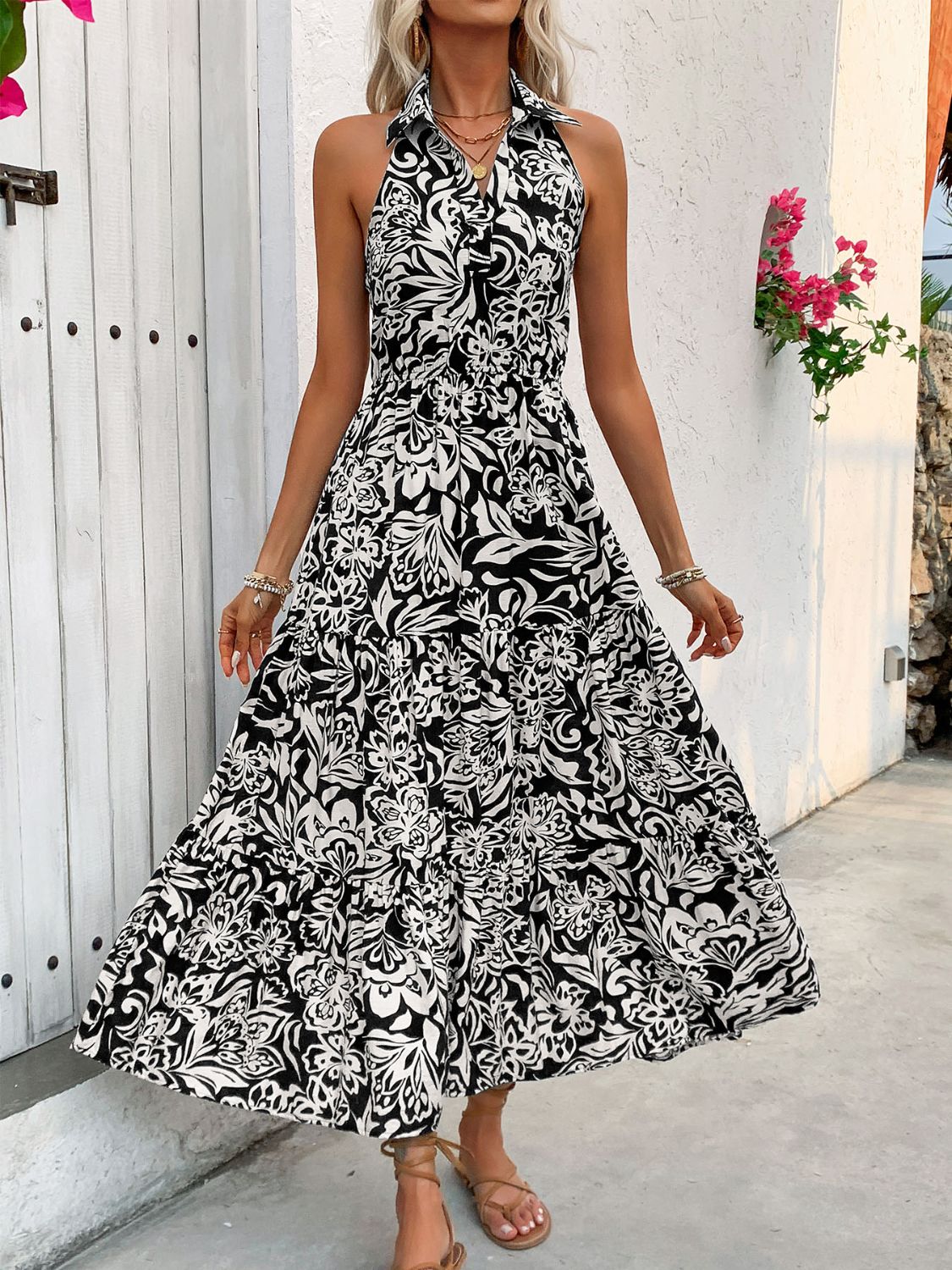 Printed Low Back Sleeveless Midi Dress