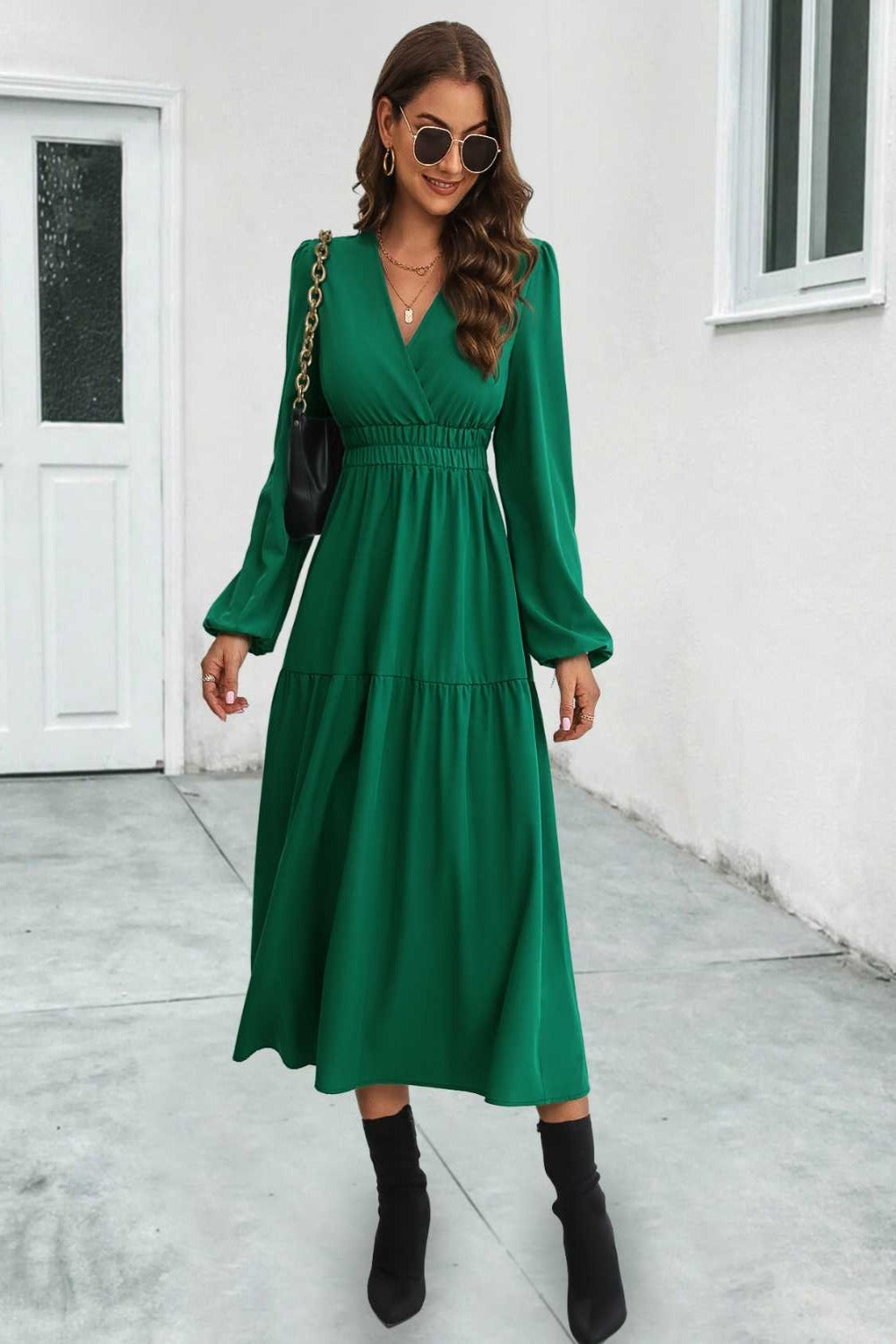 Long sleeve gathered waist midi dress