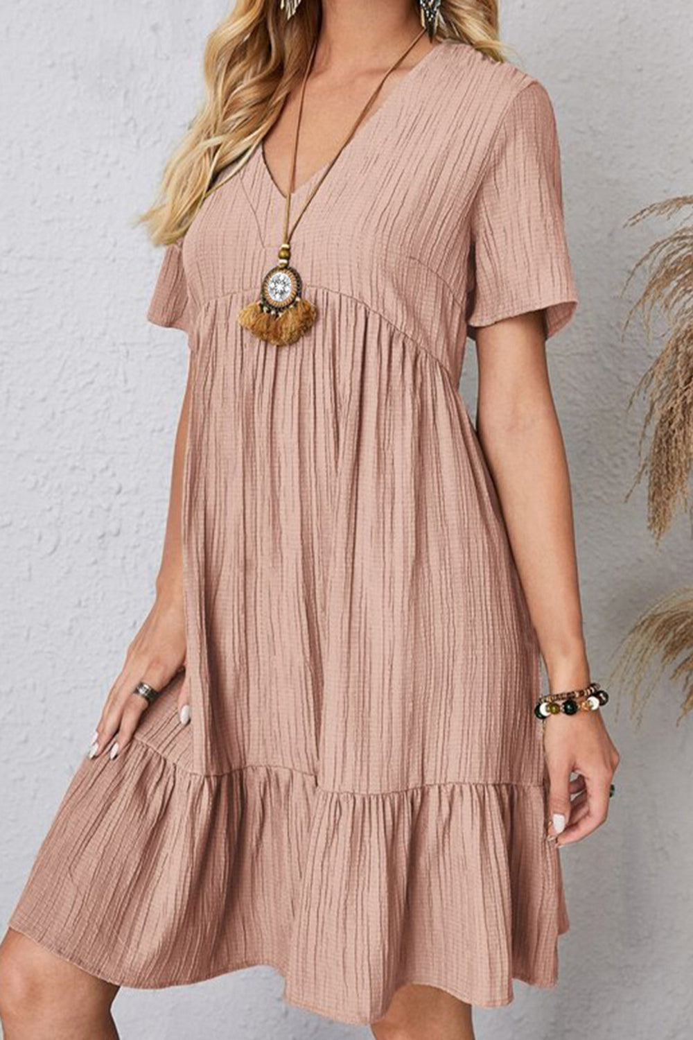 Plus Size Ruched V-Neck Short Sleeve Dress