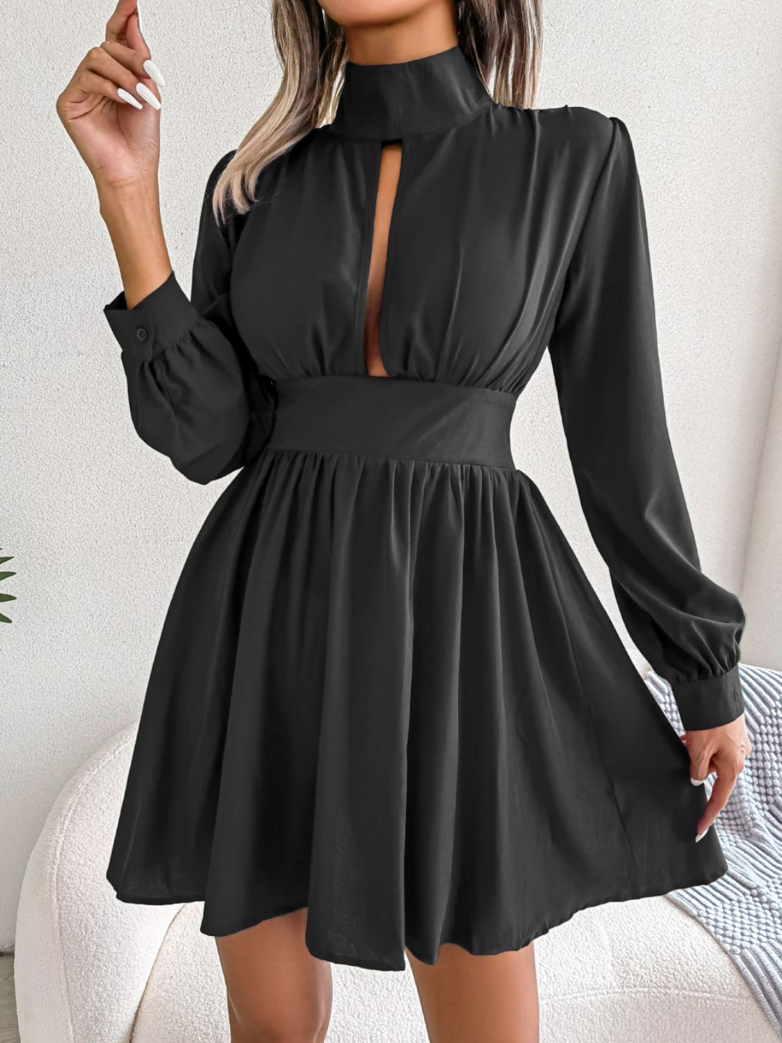 Turtleneck Cutout A-Line Mini Dress