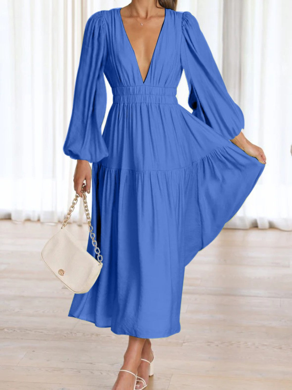 Balloon Sleeve Deep V-Neck Maxi Dress