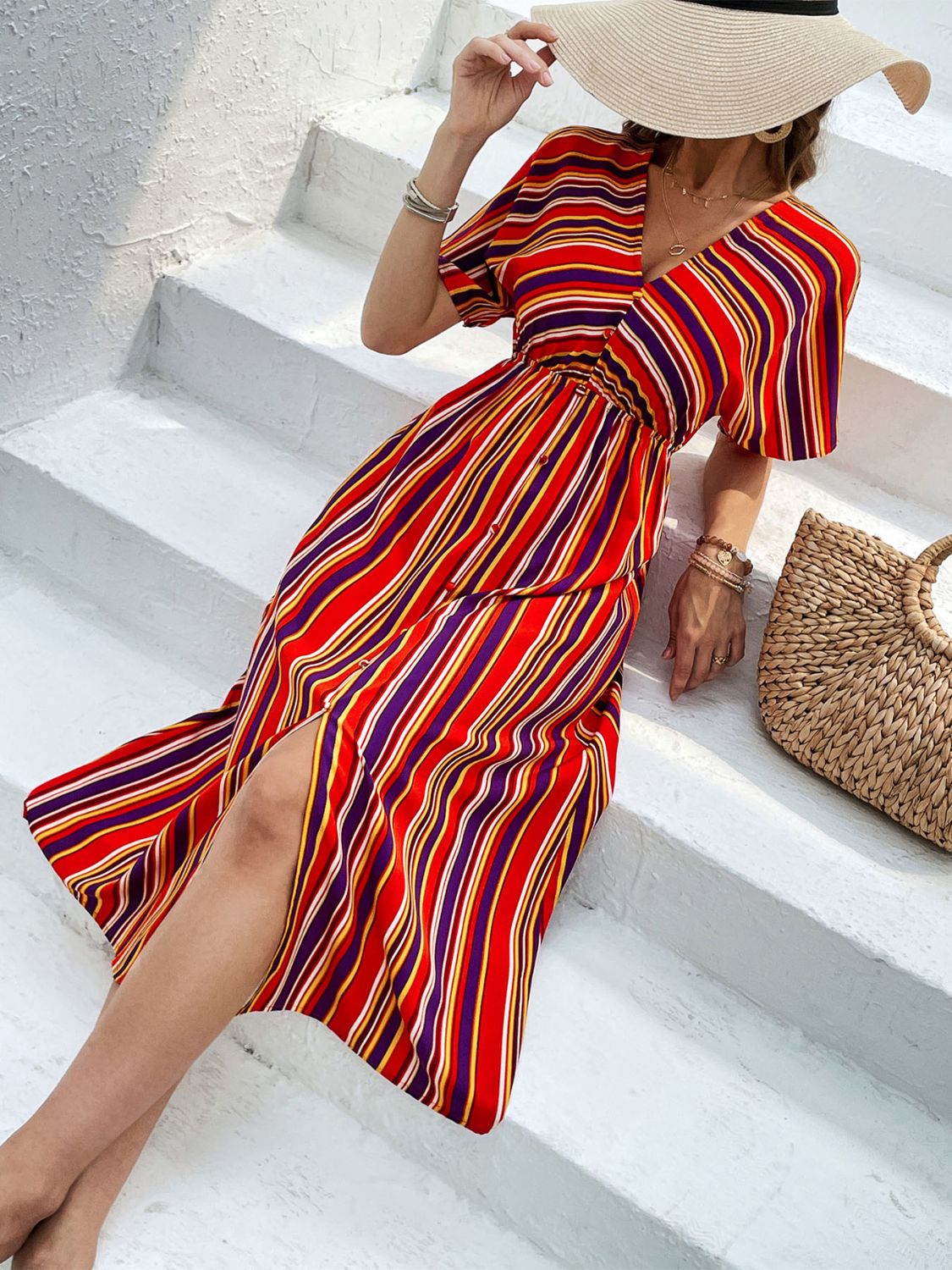 Colorful Striped V-Neck Short Sleeve Split Midi Dress