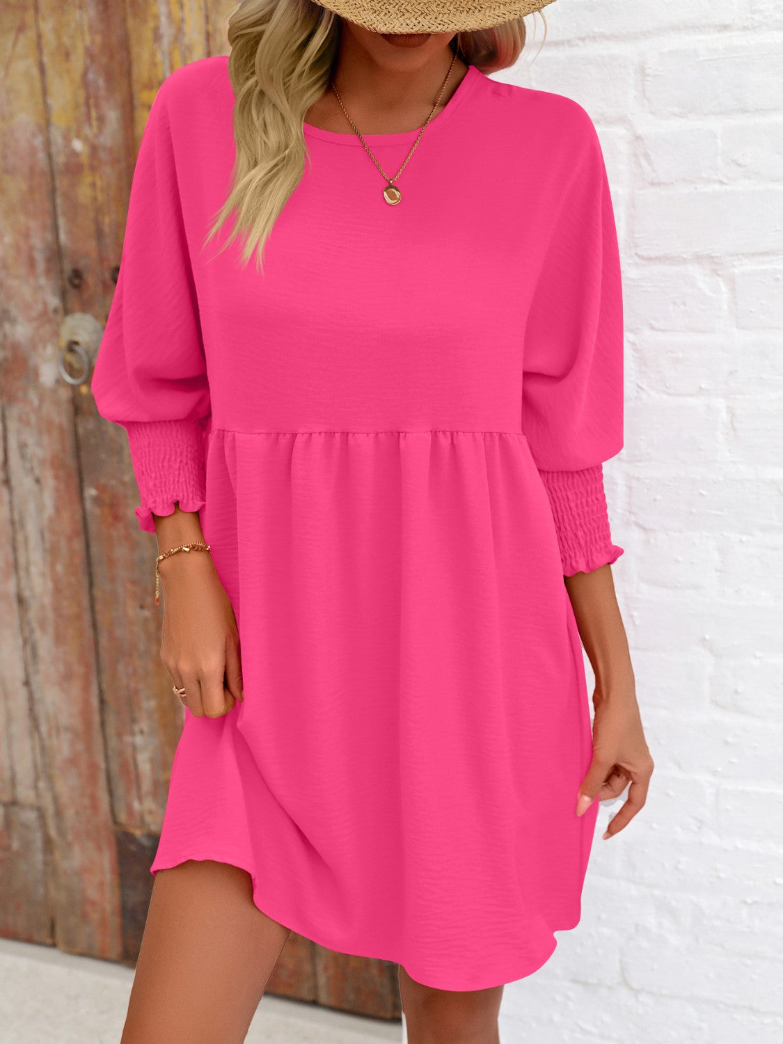 Lantern Sleeve Round Neck Mini Dress