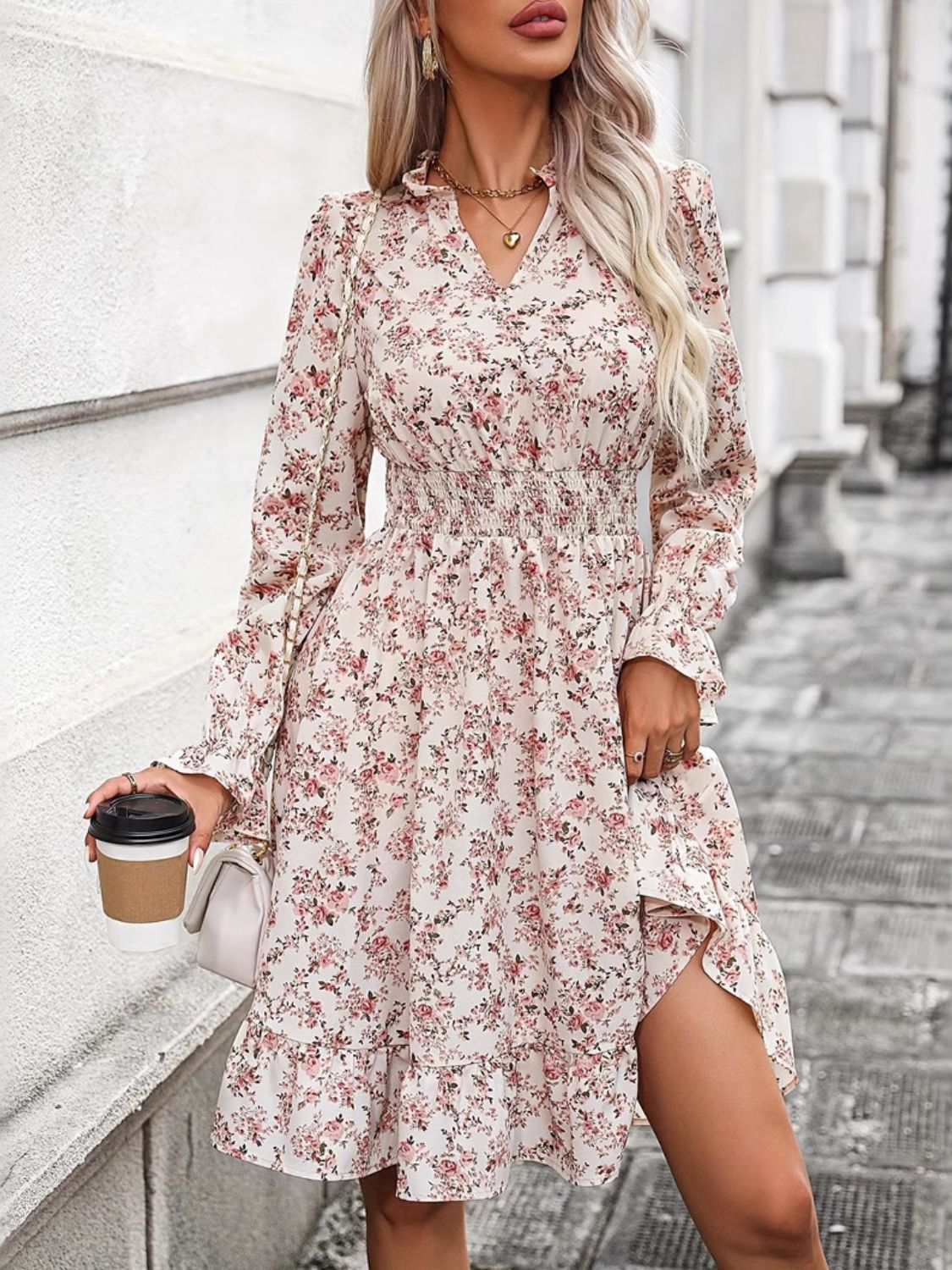 Floral Surplice Ruffle Hem Long Sleeve Dress