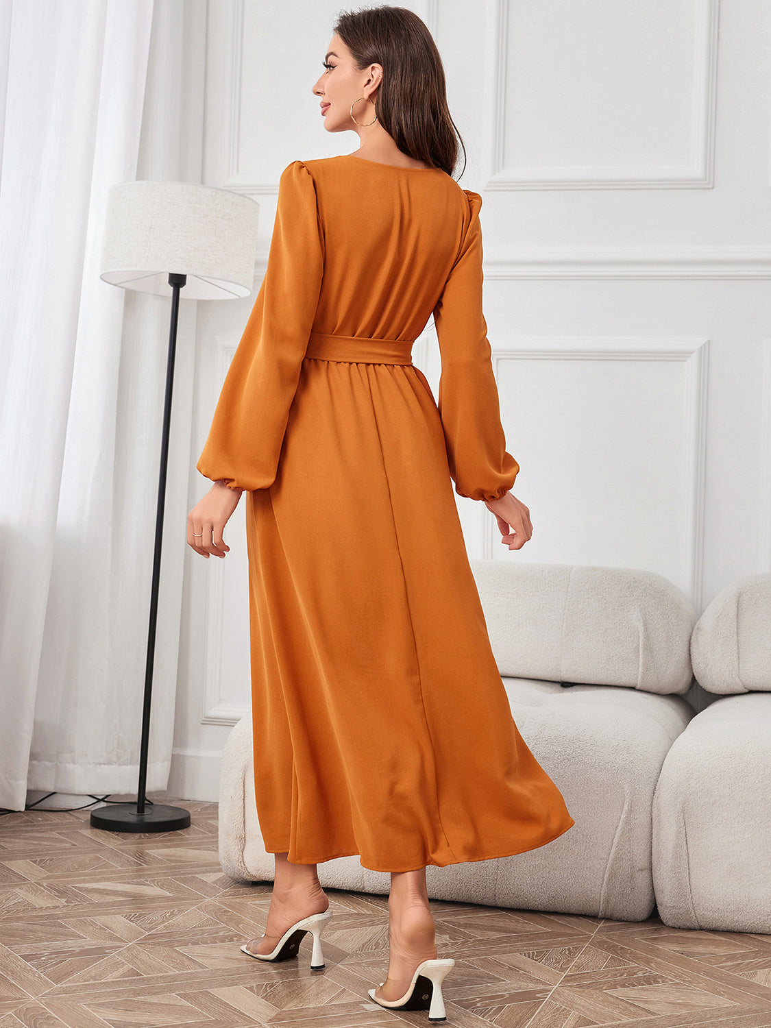 Orange Tie Waist Puff Sleeve Maxi Dress