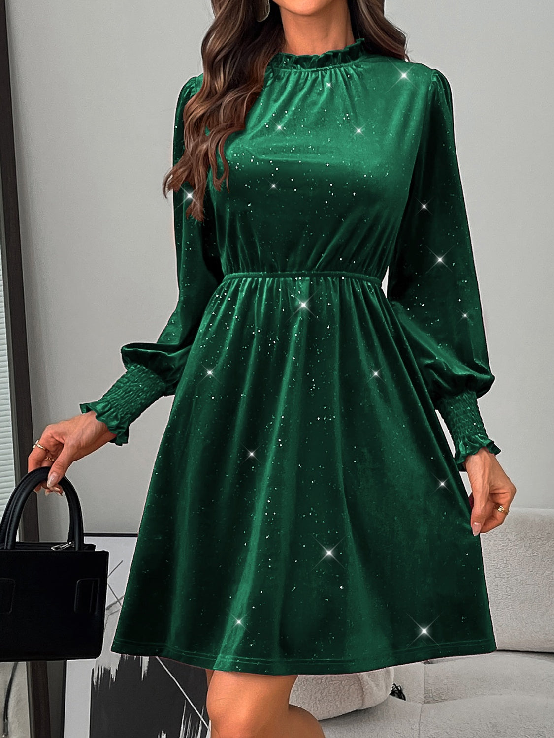 Mock Neck Glitter Long Sleeve Mini Dress