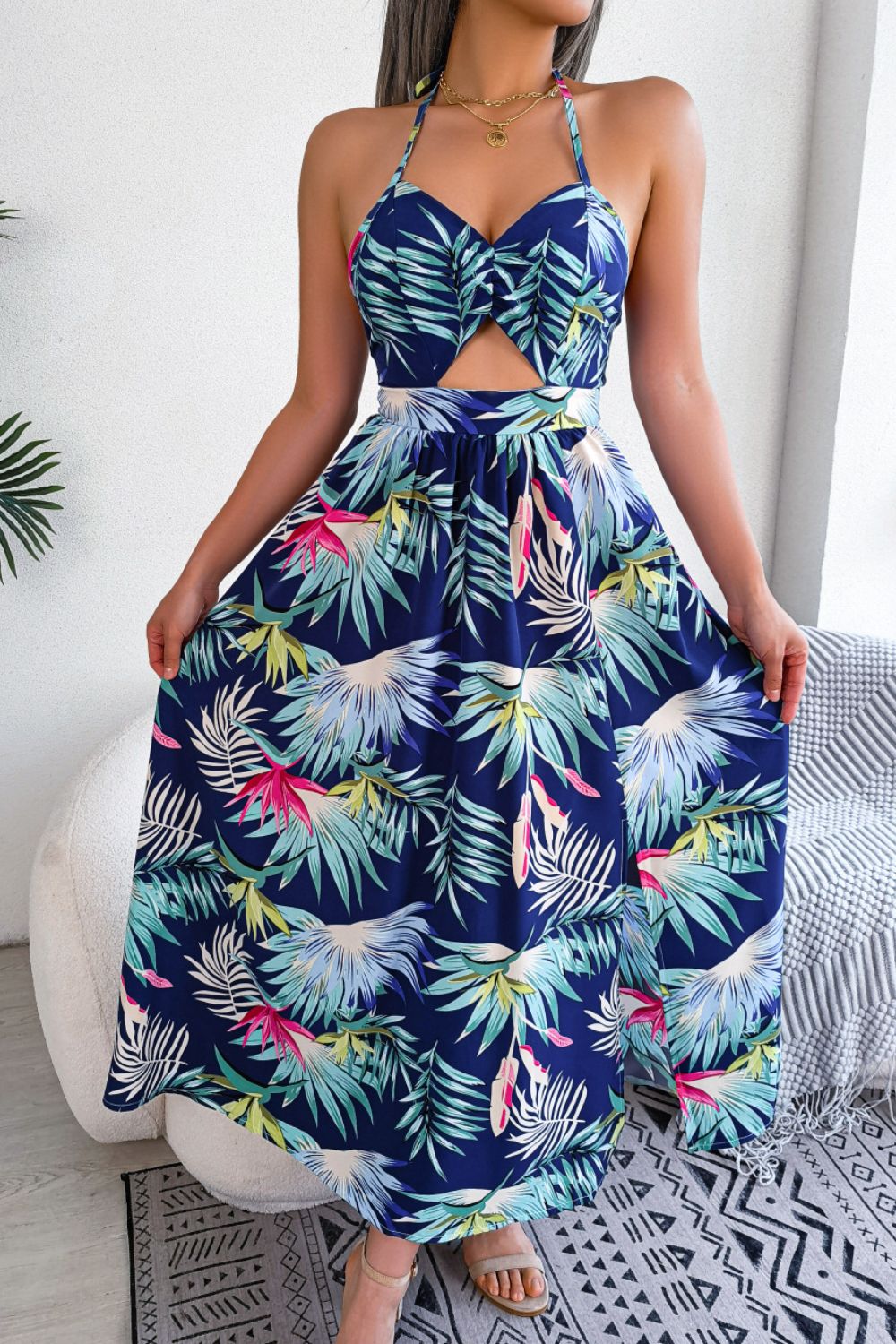 Botanical Print Backless split Dress