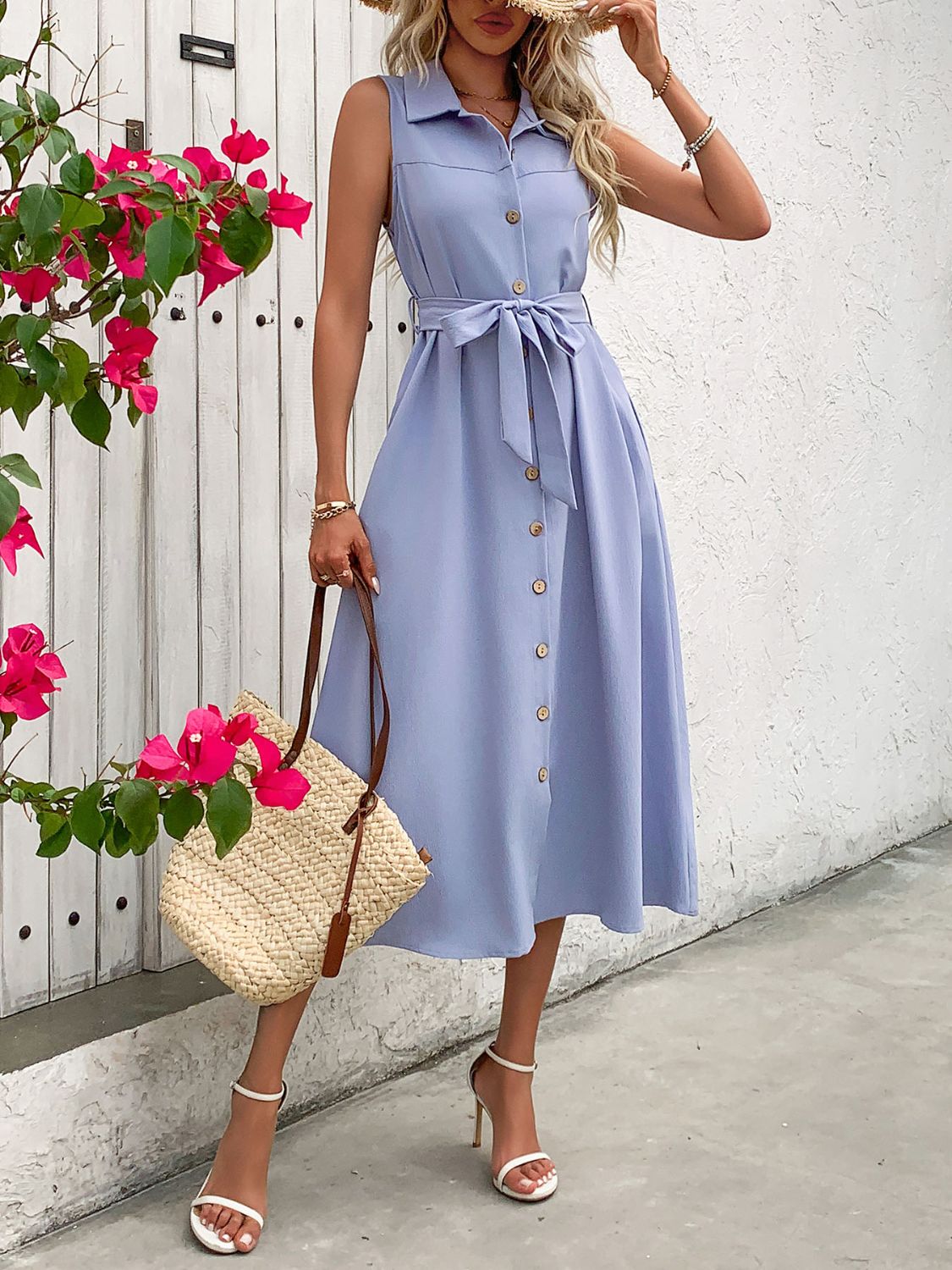 Collared Neck Tied Sleeveless Dress