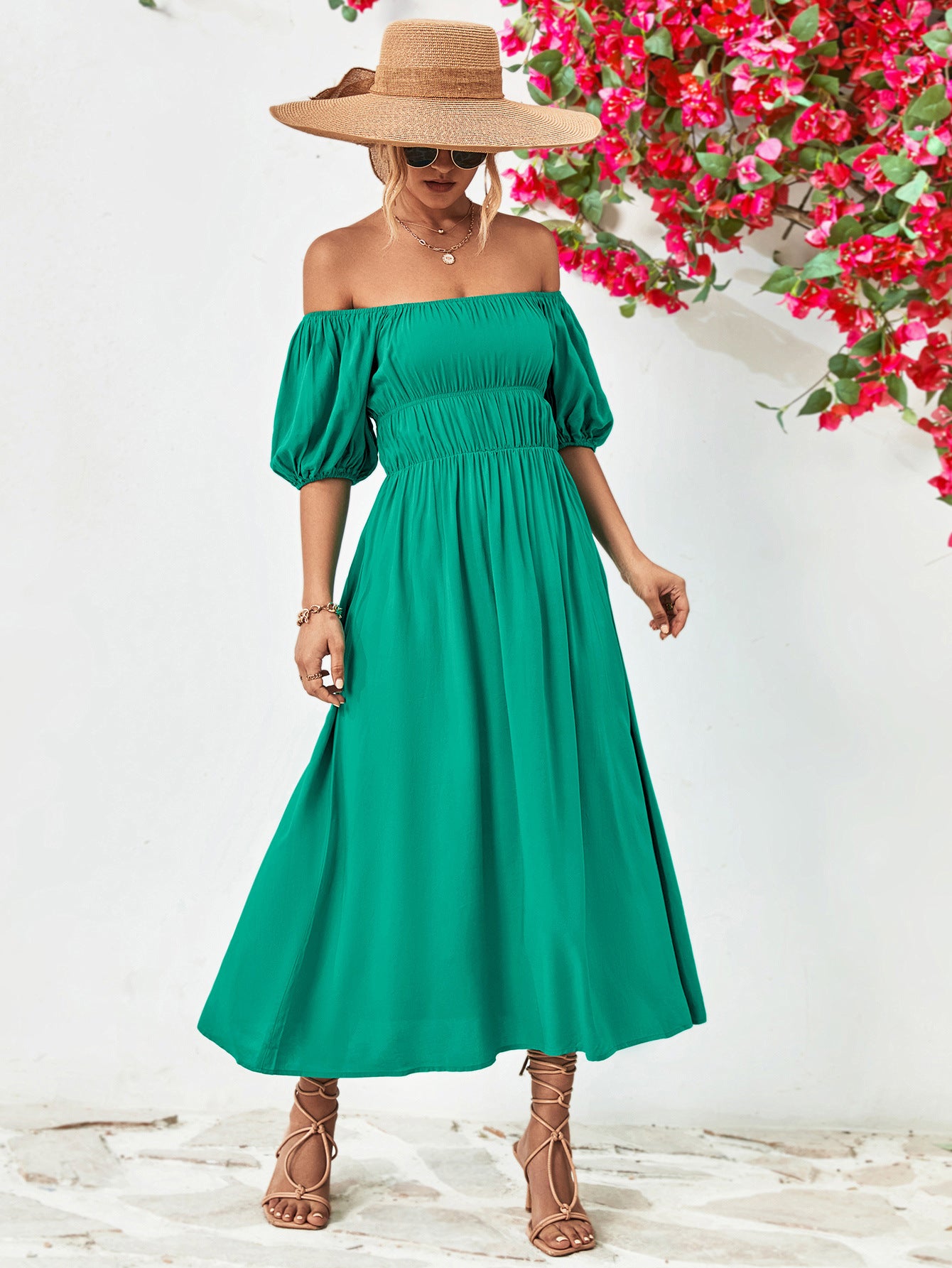 Chic Off-Shoulder Balloon Sleeve Midi Dress