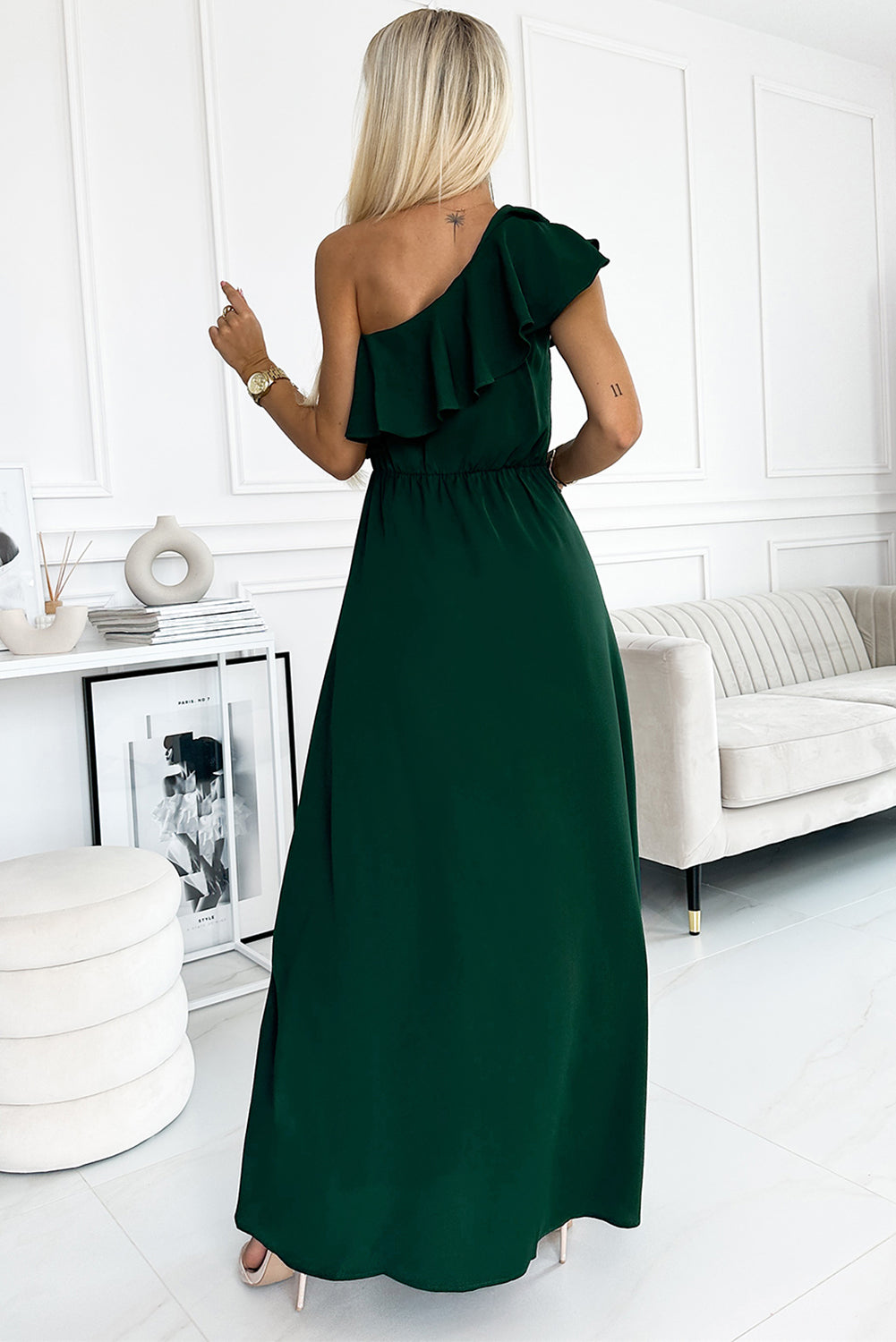 Green One-Shoulder Ruffled Slit Dress