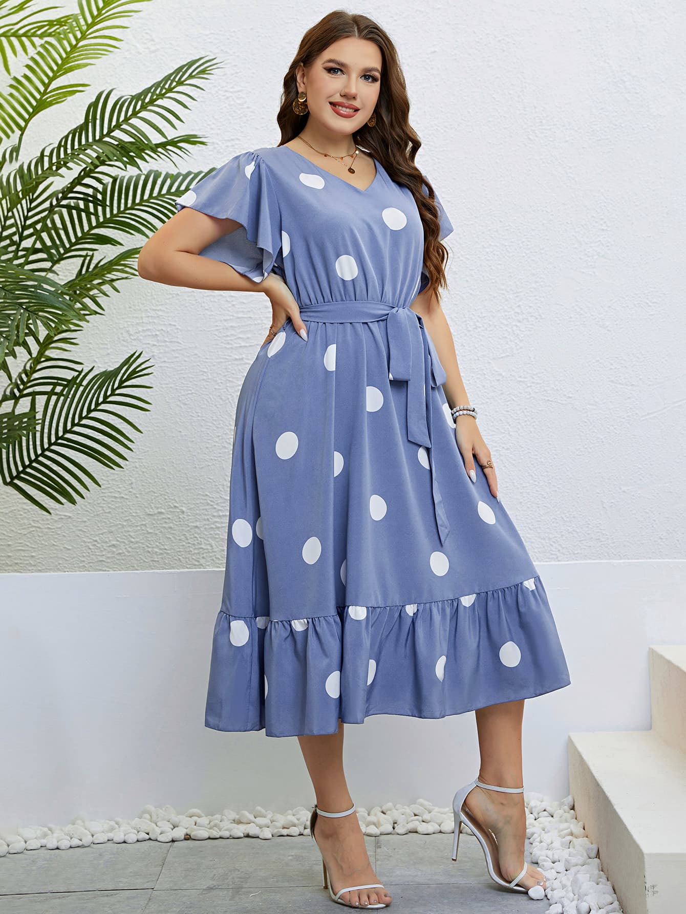 Polka Dot Belted Flutter Sleeve Ruffle Dress