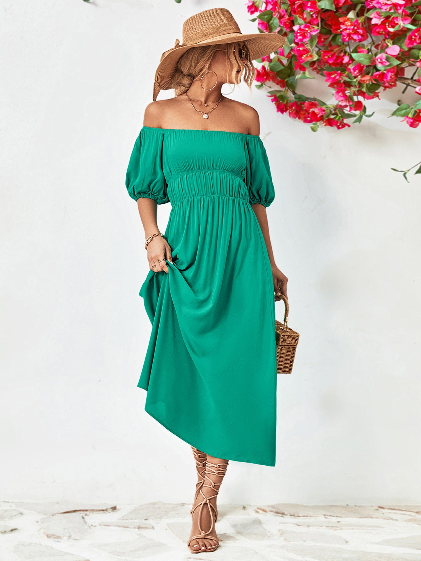 Chic Off-Shoulder Balloon Sleeve Midi Dress