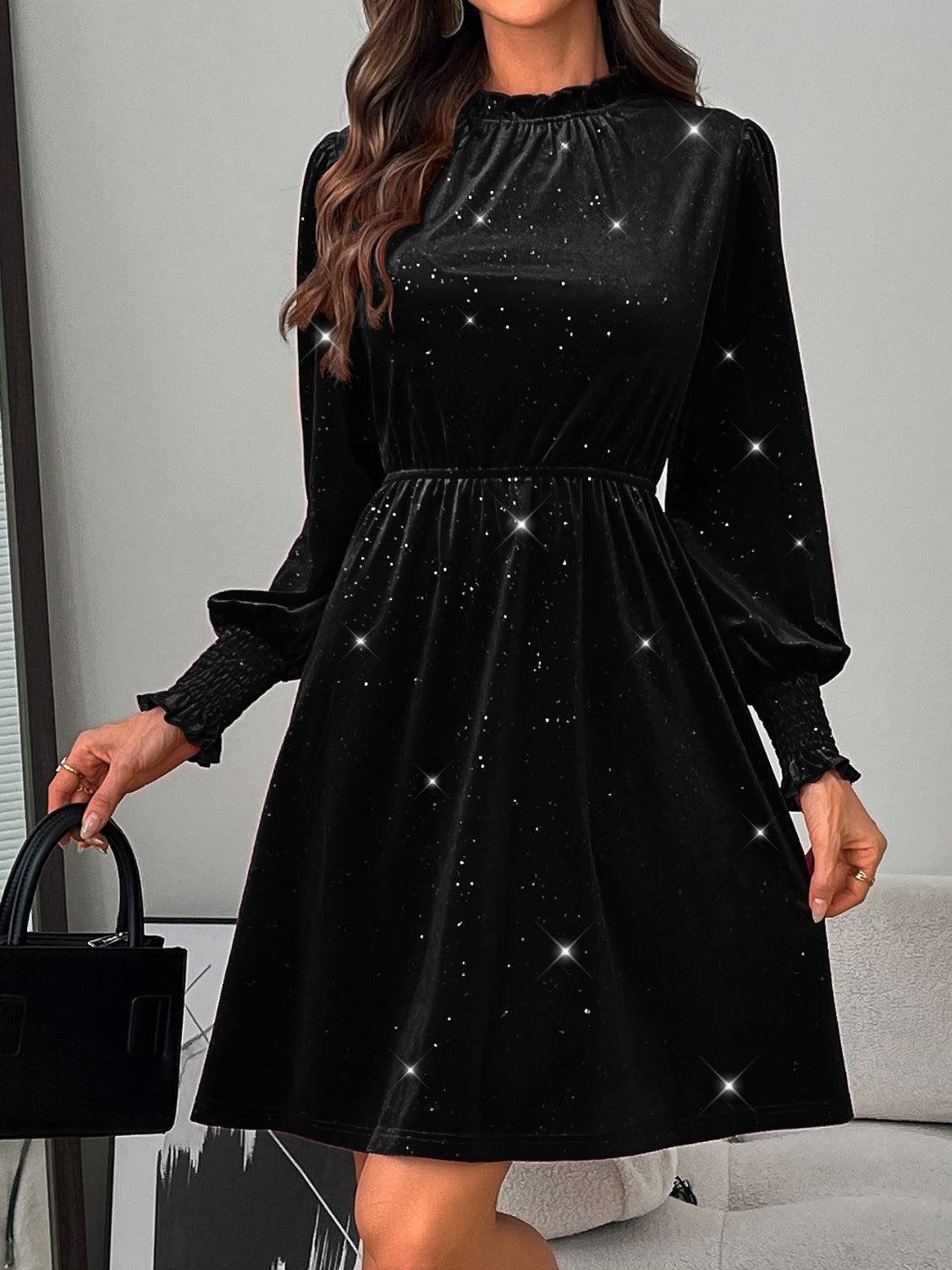 Mock Neck Glitter Long Sleeve Mini Dress