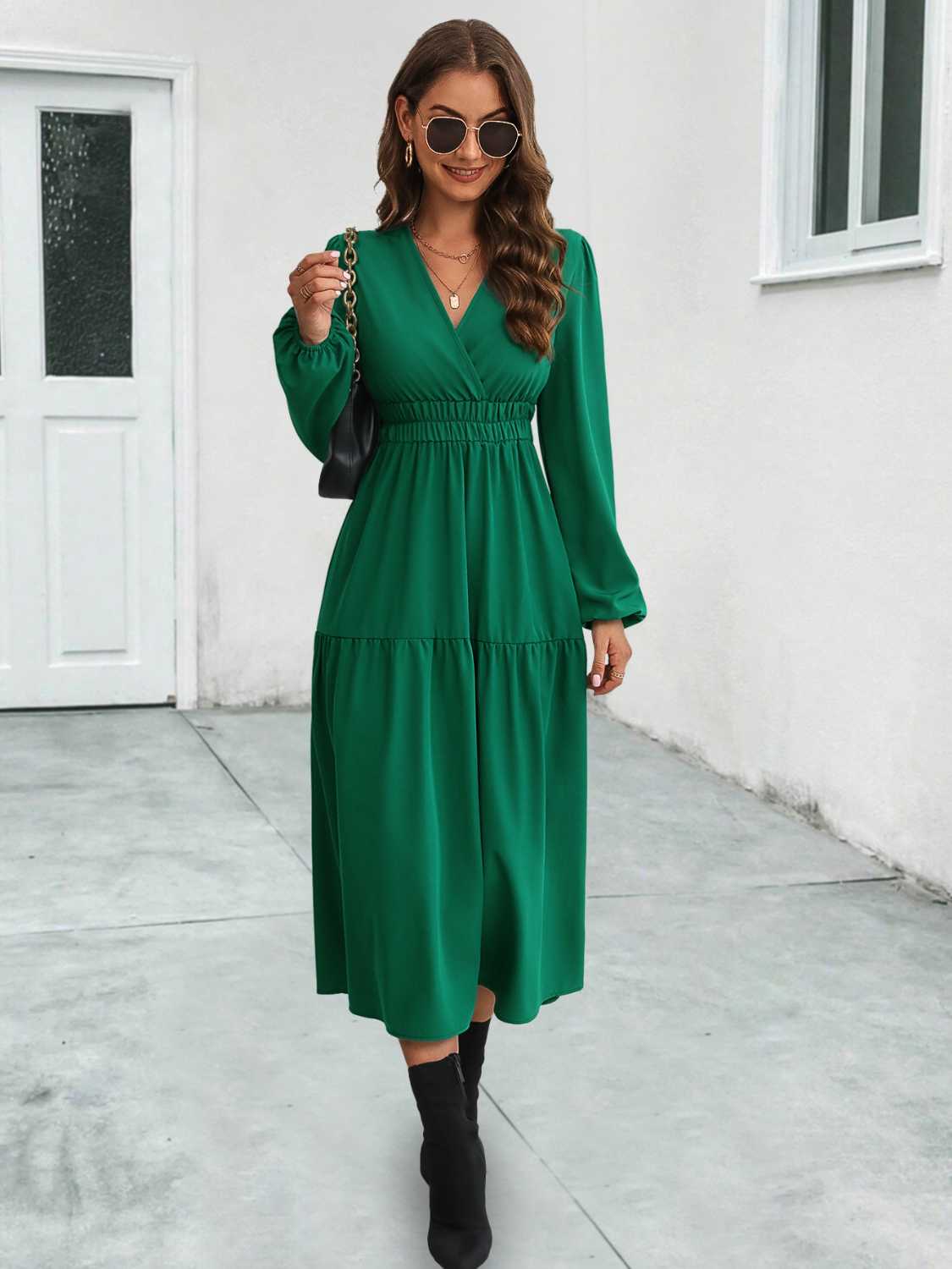 V-Neck Long Sleeve Midi Dress