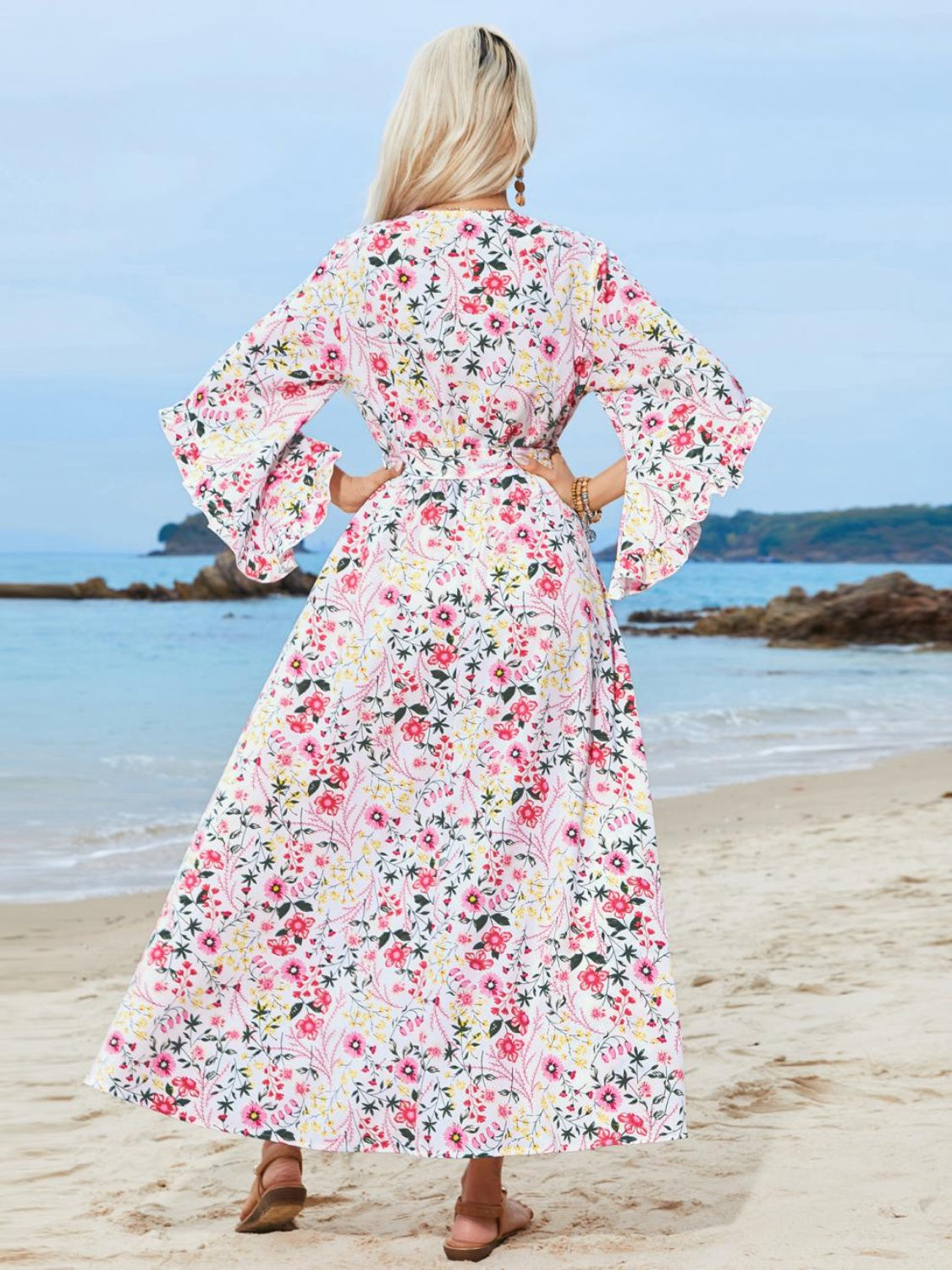 Tied Floral Printed Three-Quarter Sleeve Maxi Dress