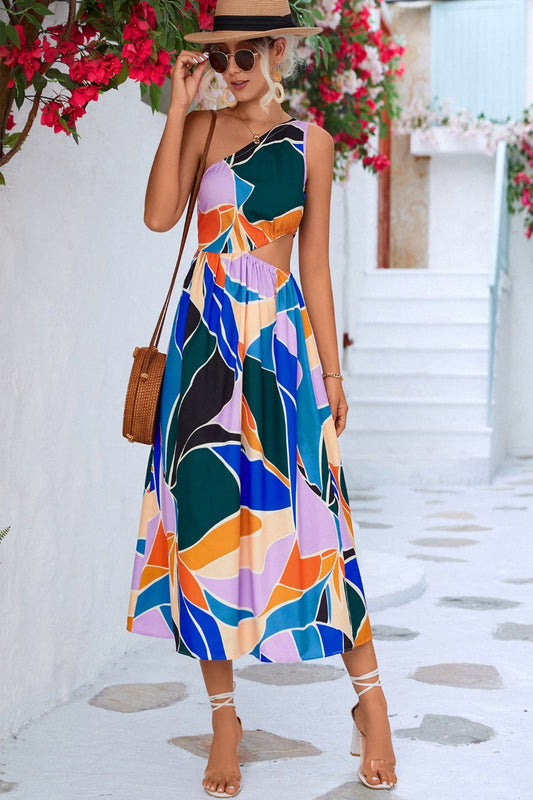 Printed One-Shoulder Sleeveless Cutout Dress