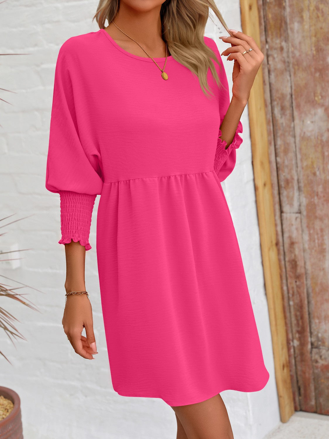 Lantern Sleeve Round Neck Mini Dress