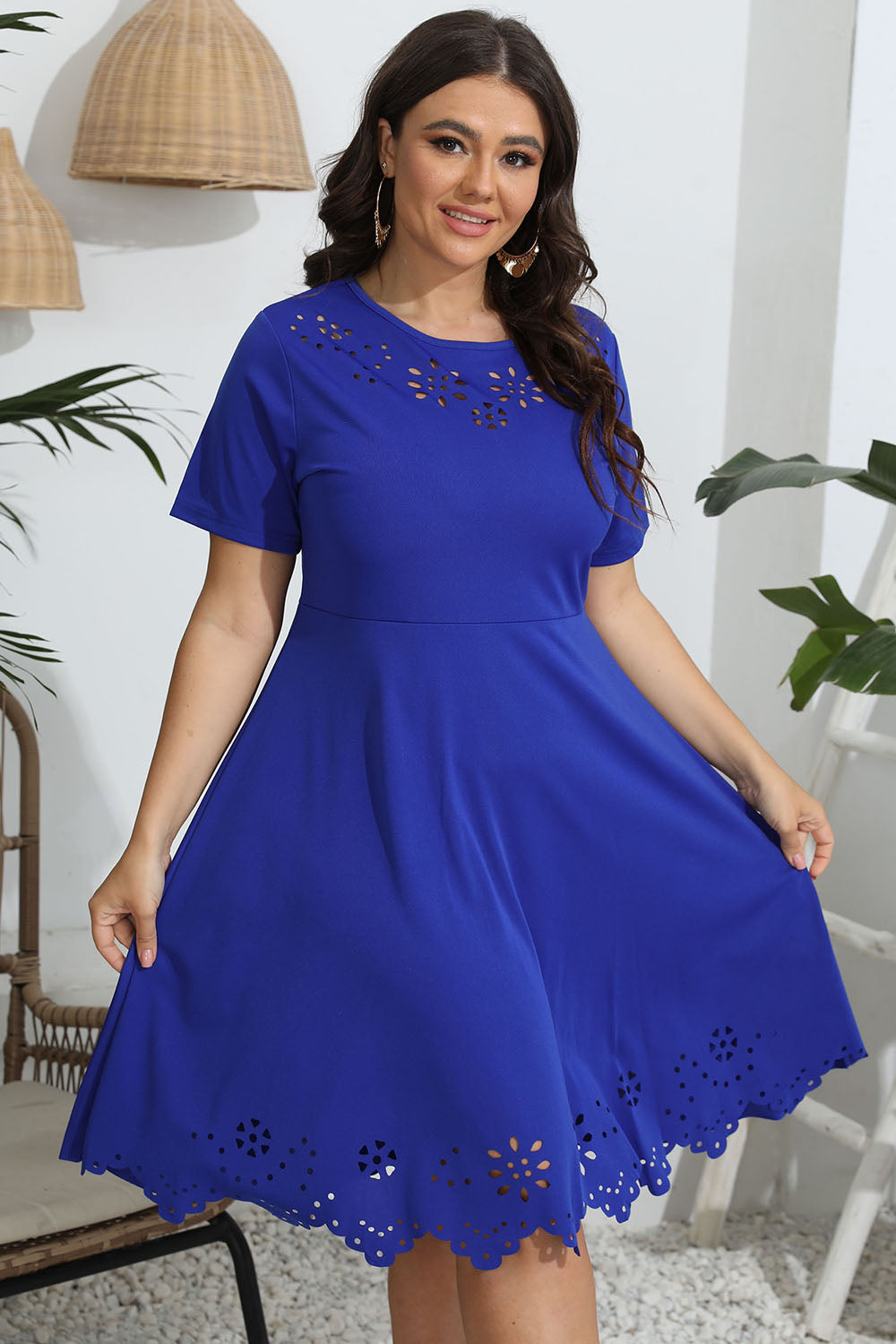 Plus Size Round Neck Eyelet Dress