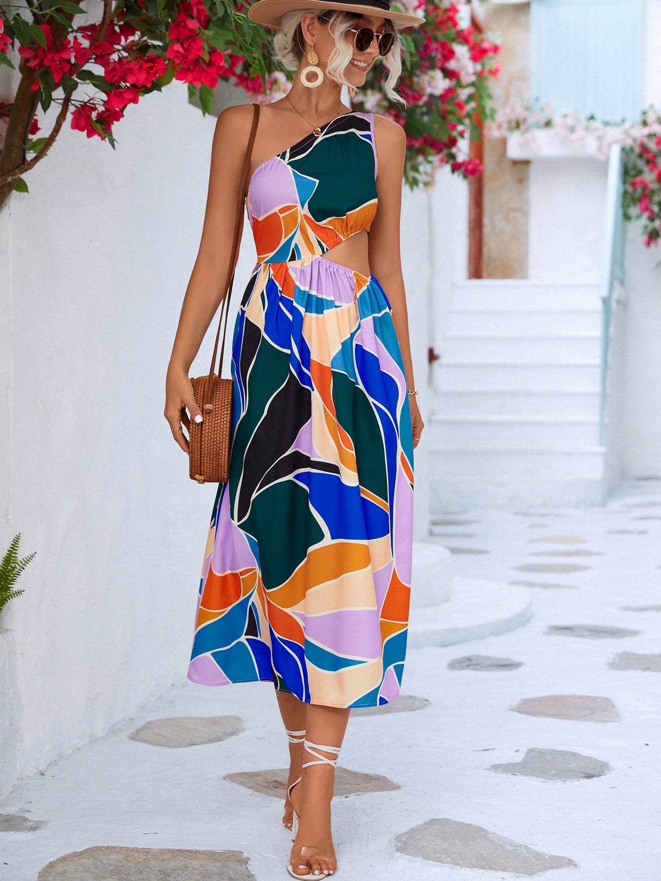 Printed One-Shoulder Sleeveless Cutout Dress