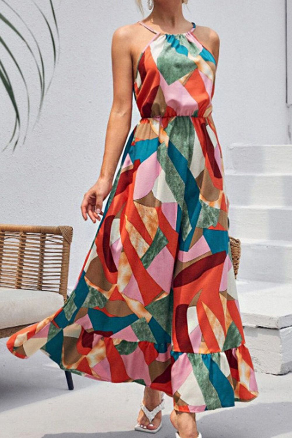 Multicolored Tied Grecian Neck Dress