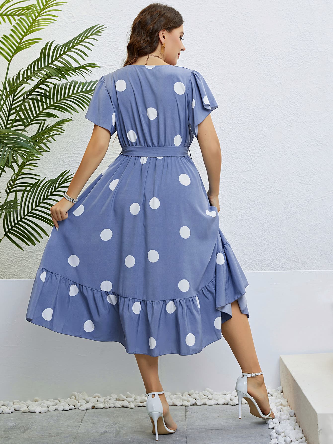 Polka Dot Belted Flutter Sleeve Ruffle Dress