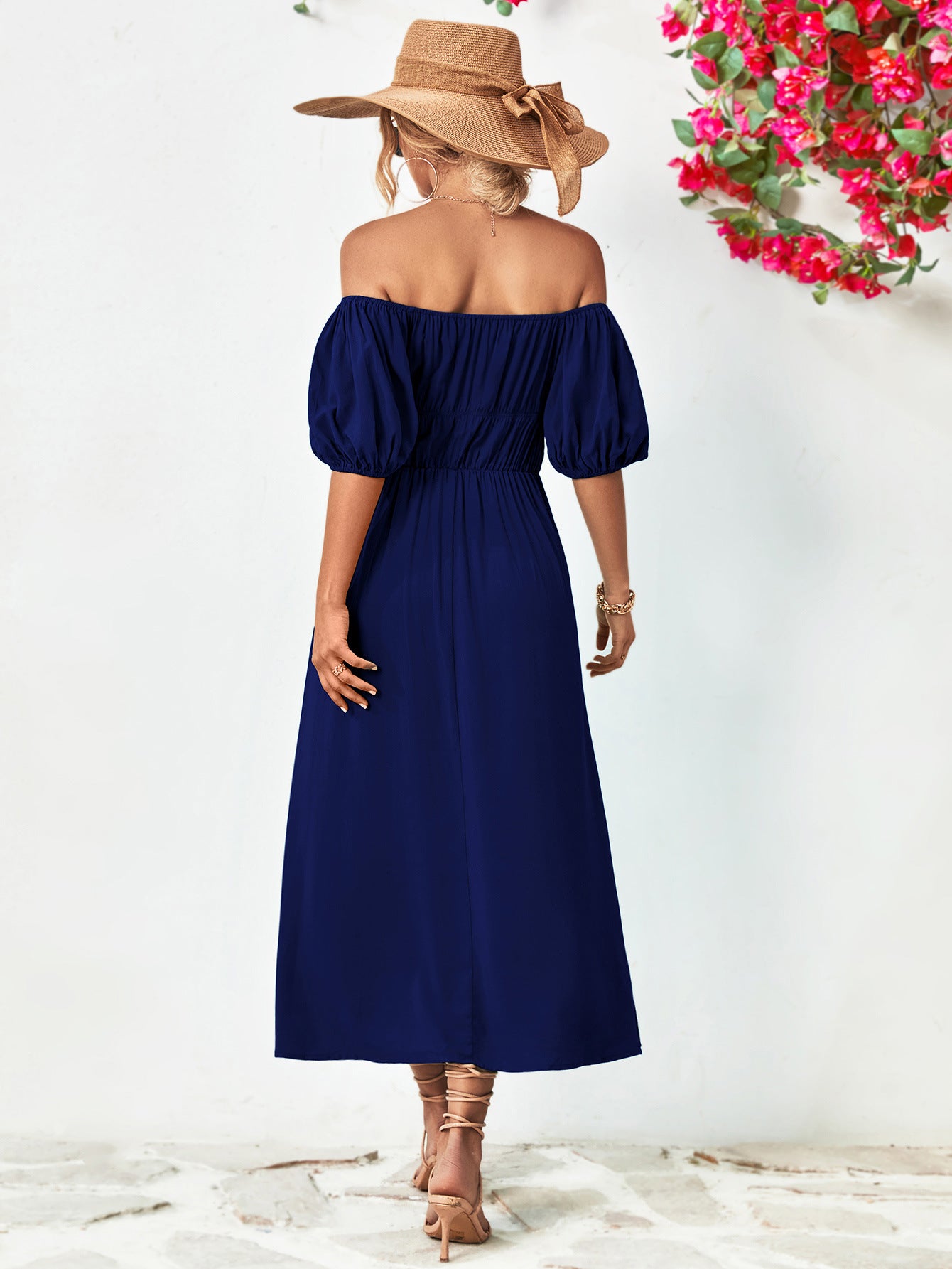 Chic Off-Shoulder Balloon Sleeve Midi Dress